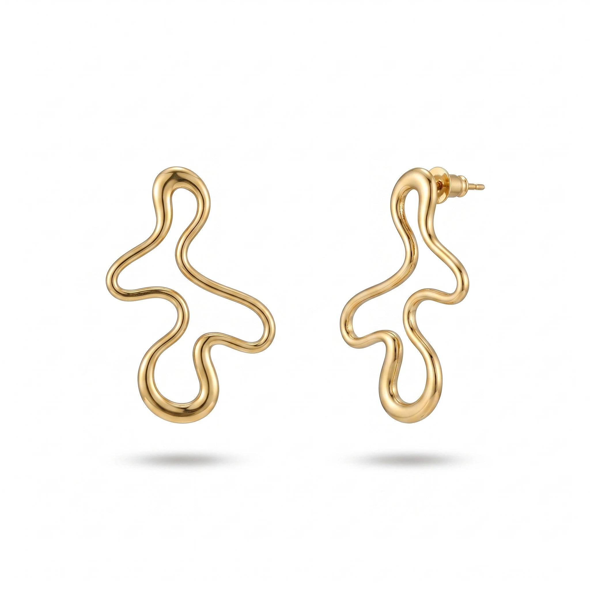 QIAOREN 14061 Polished Gold Abstract Wavy Open Stud Earrings, Irregular Fluid Squiggle Line Hollow Shape Ear Stud Jewelry Gift