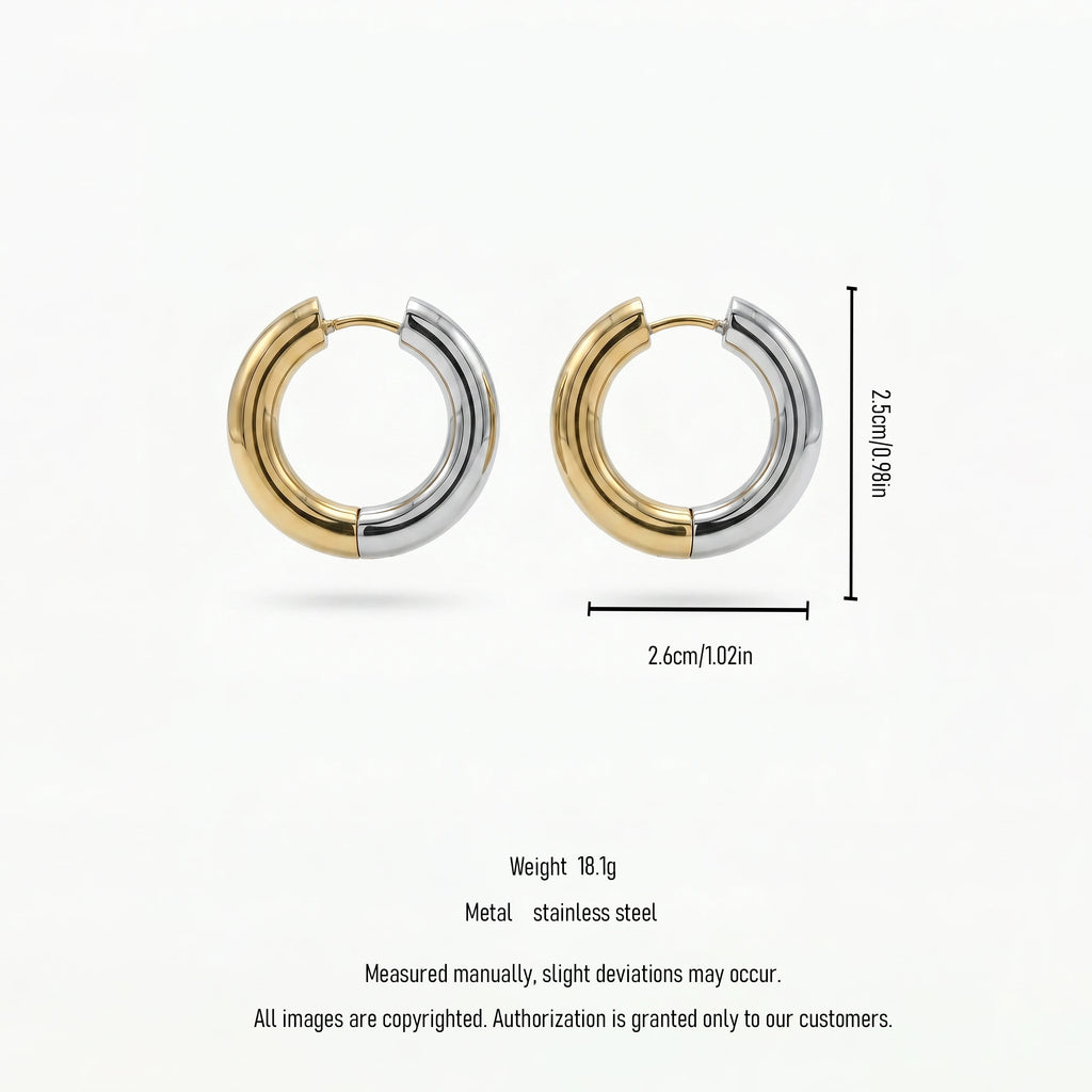 QIAOREN 12404 Elegant Quiet Luxury Two-Tone Gold Silver Hoops Stainless Steel Sleek Split Bi-Color Chunky Statement Earrings
