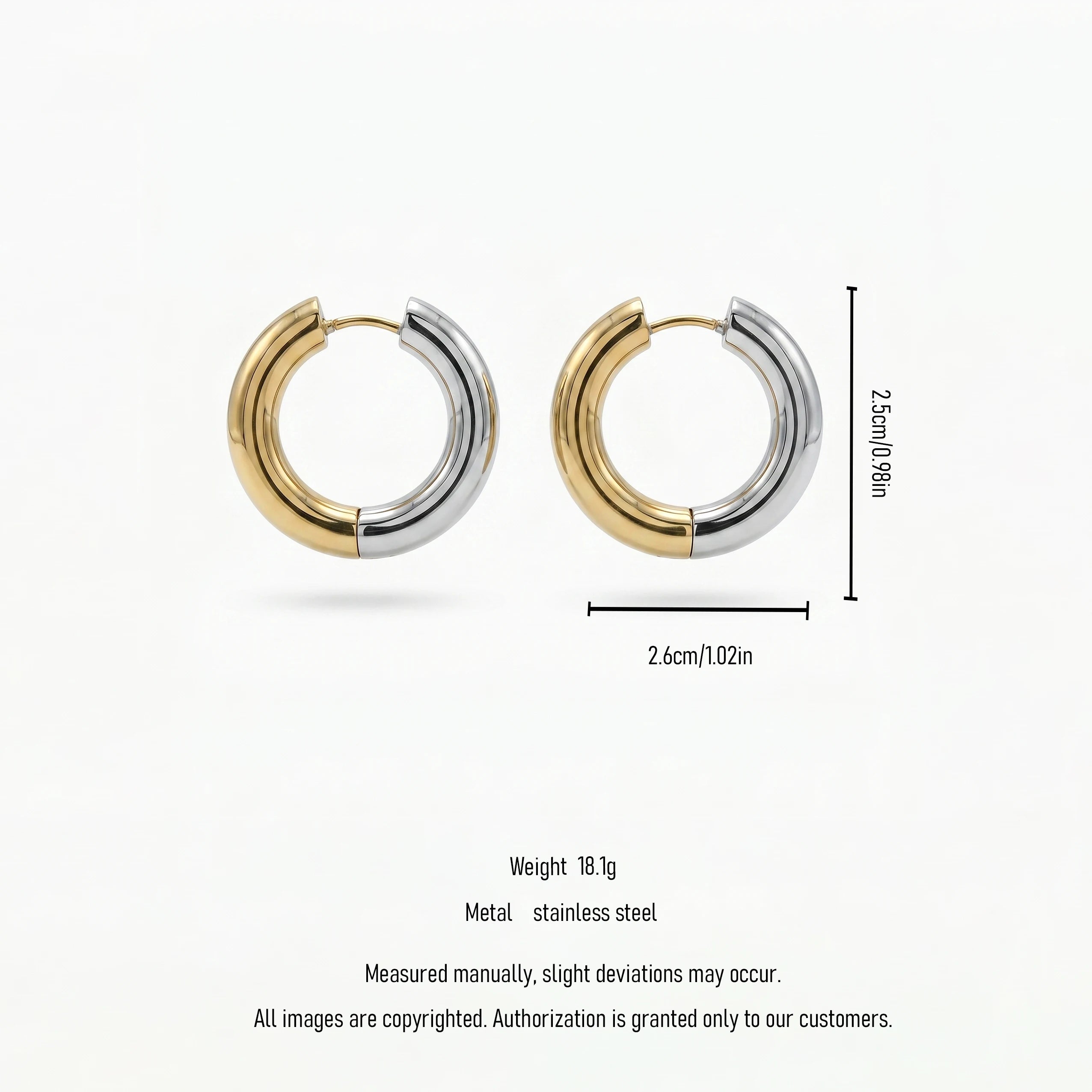 QIAOREN 12404 Elegant Quiet Luxury Two-Tone Gold Silver Hoops Stainless Steel Sleek Split Bi-Color Chunky Statement Earrings