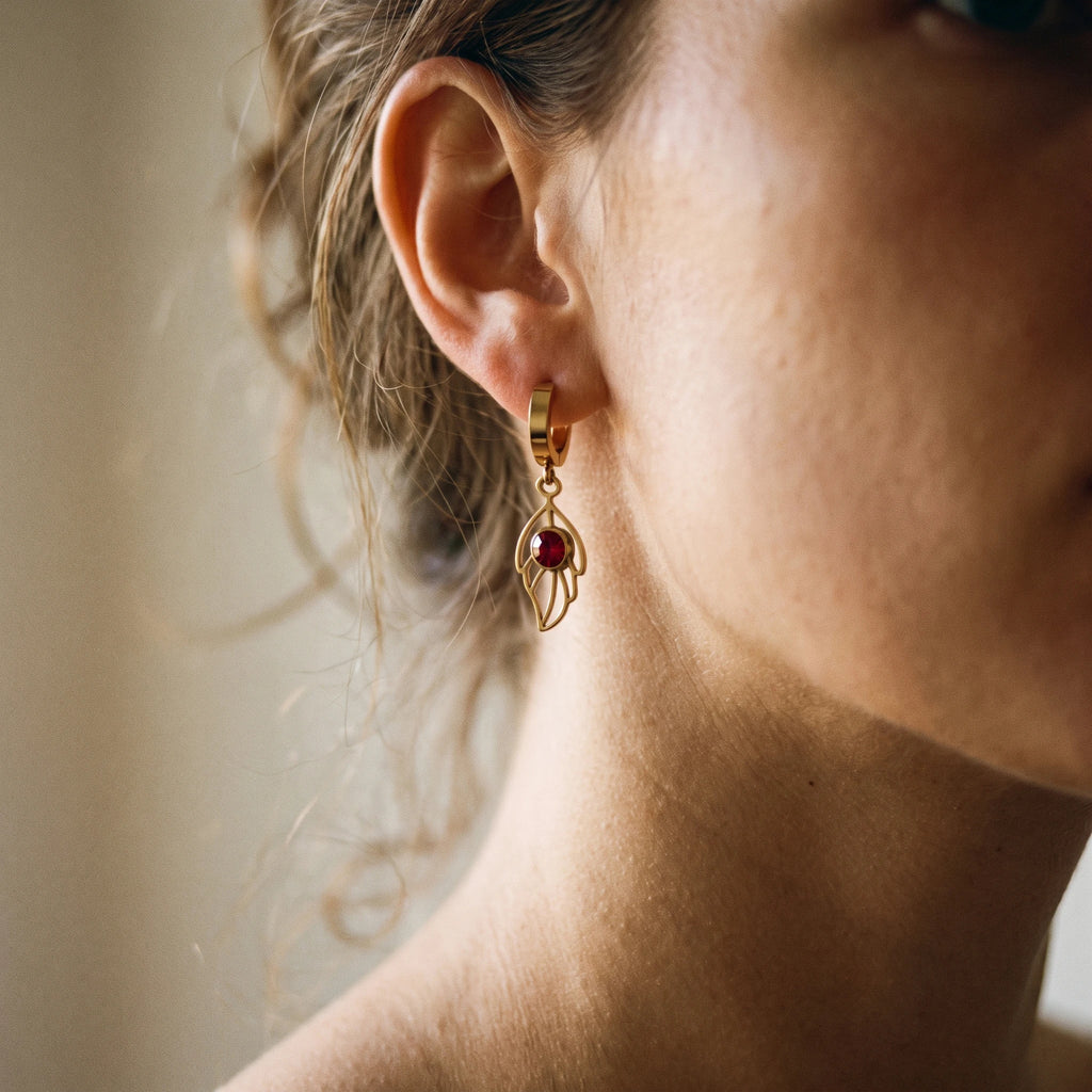 QIAOREN 14523 Waterproof Stainless Steel Earrings Set Butterfly Leaf Drop Stud Earrings Red Crystal Hypoallergenic Jewelry Women