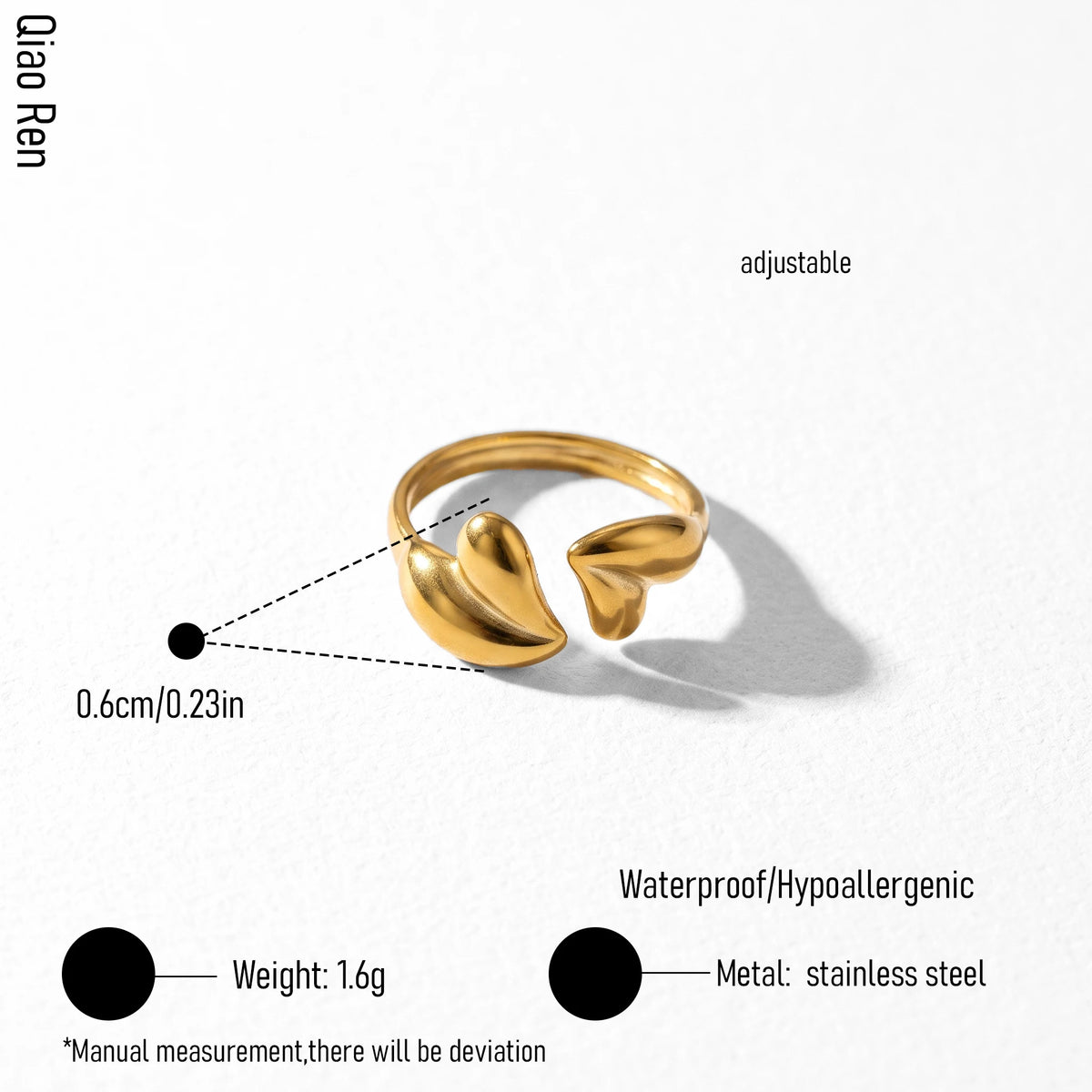 QIAOREN 14149-57 Heart Theme Stackable Open Ring Set, Multi Styles Love Shape Adjustable Ring Jewelry Gift for Daily Outfits