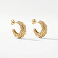 QIAOREN 12456 Niche Woven Grain Textured Half Hoop Studs Glossy Gold Stainless Steel Waterproof Paved Crystal Huggie Earrings