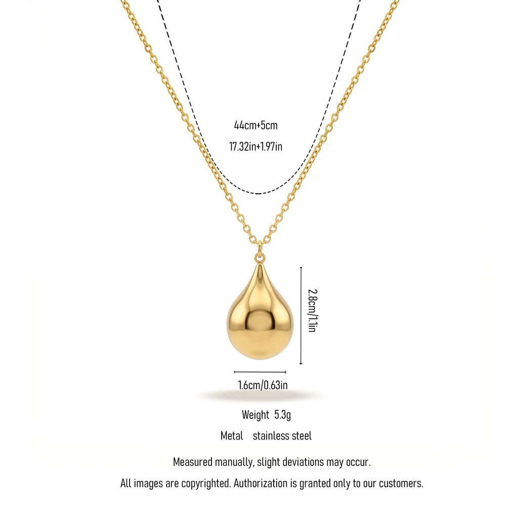 QIAOREN 11751 Polished Teardrop Pendant Necklace 18K Gold Stainless Steel Smooth Shiny Statement Piece