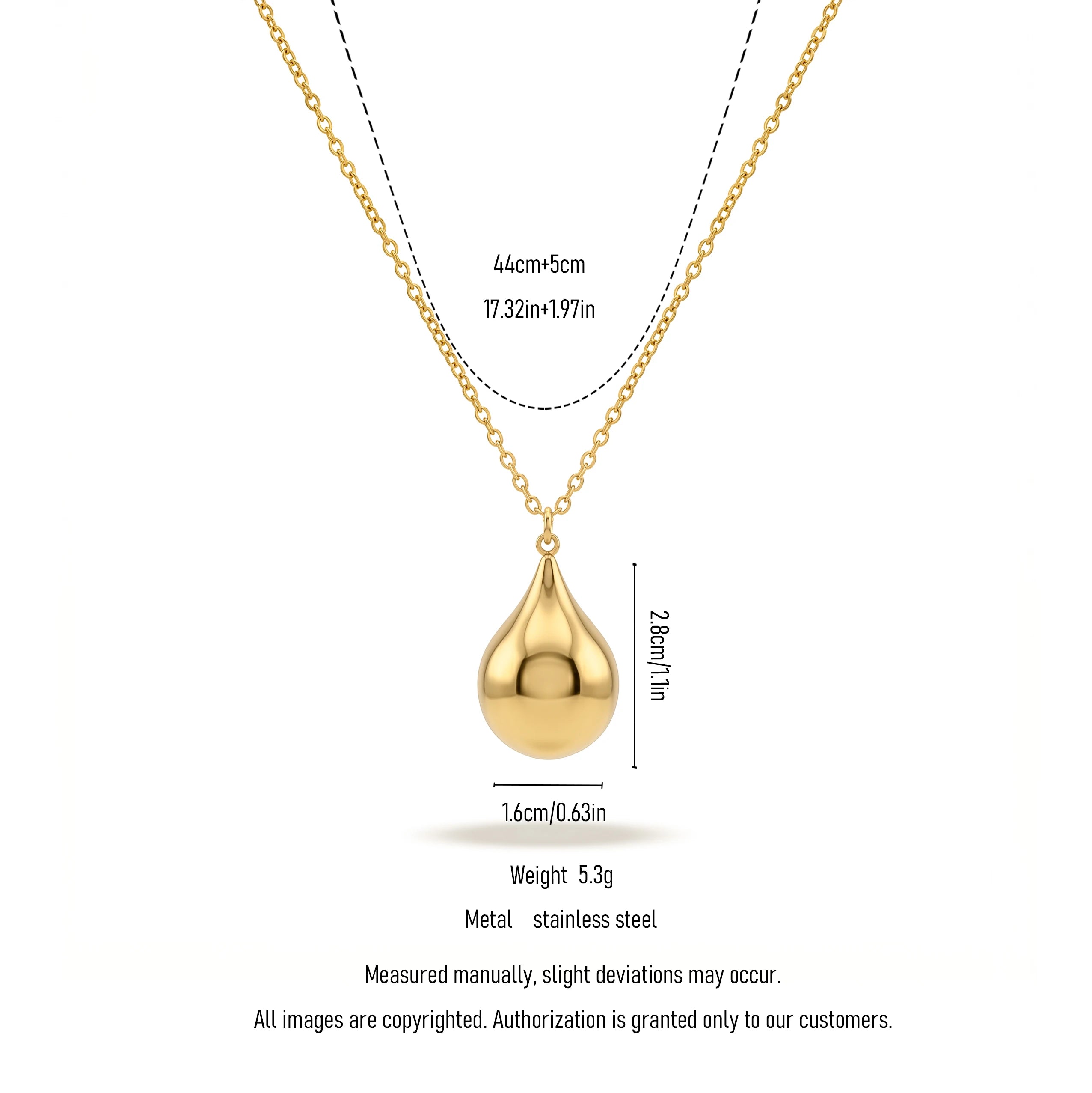 QIAOREN 11751 Polished Teardrop Pendant Necklace 18K Gold Stainless Steel Smooth Shiny Statement Piece