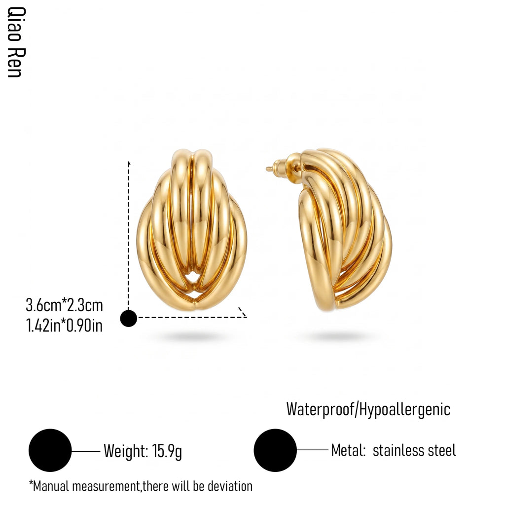 QIAOREN 14532 Waterproof Stainless Steel Statement Earrings Chunky Stud Earrings Layered Gold Jewelry for Women