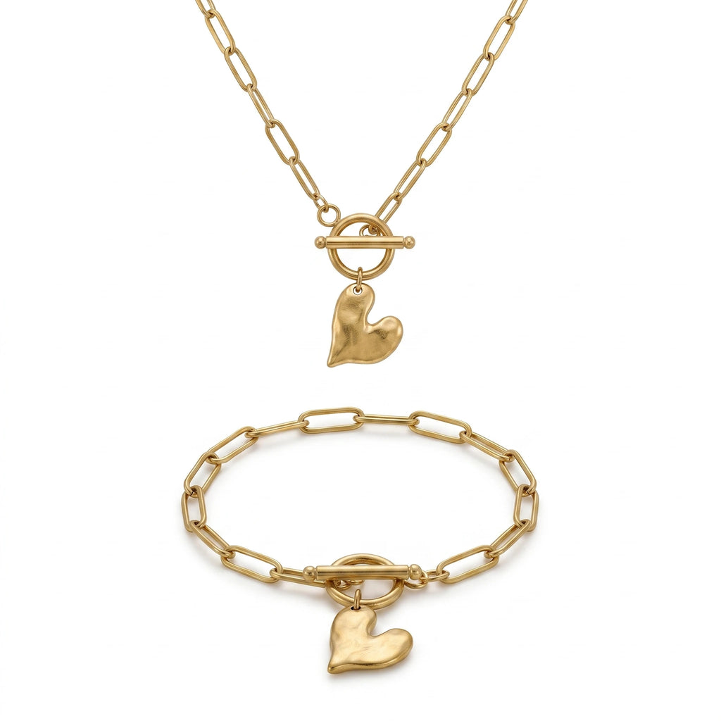 QIAOREN 11567 Stainless Steel 18K Gold Plated Heart Square Jewelry Set, Textured Grid Pattern Pendant Necklace Stud Earrings