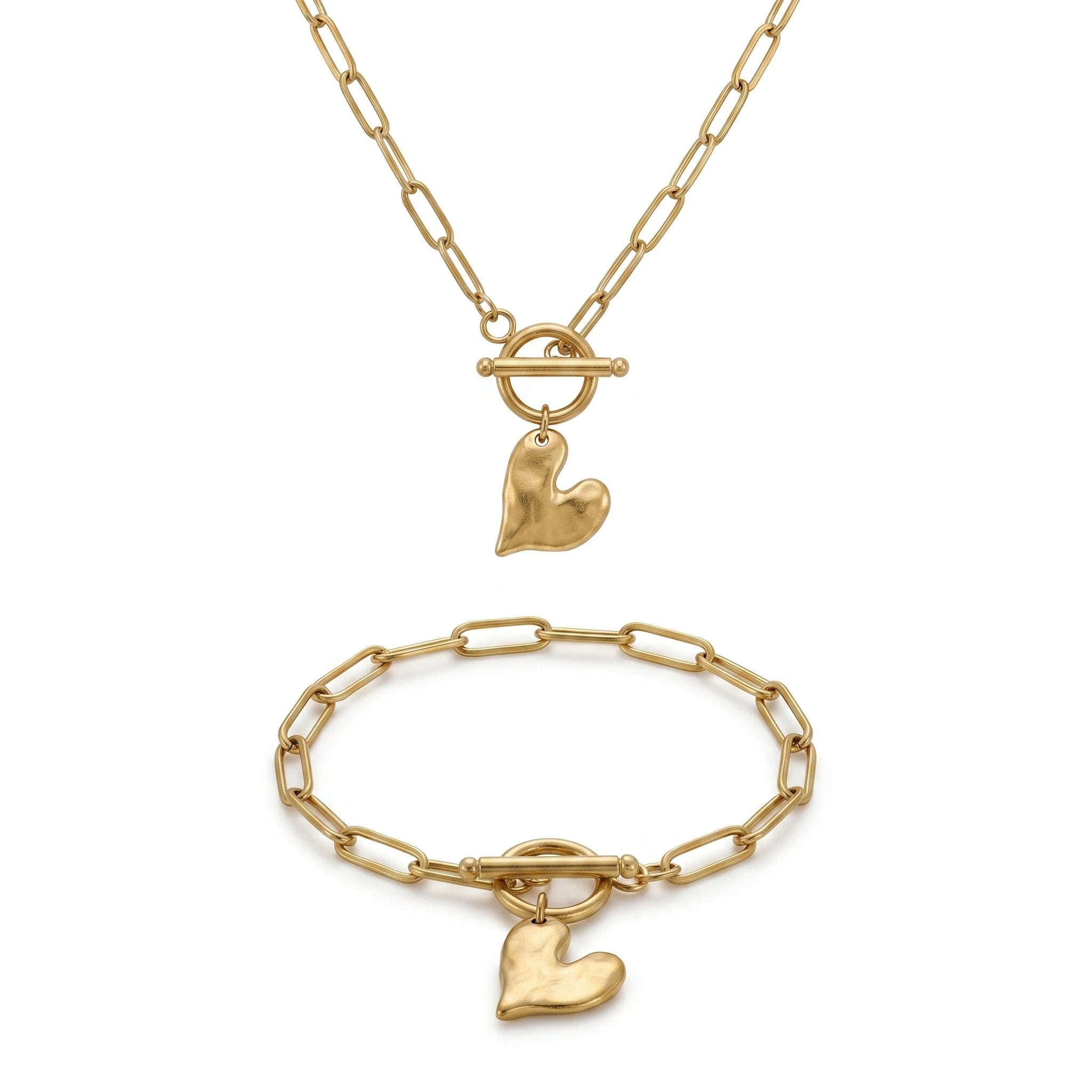 QIAOREN 11567 Stainless Steel 18K Gold Plated Heart Square Jewelry Set, Textured Grid Pattern Pendant Necklace Stud Earrings