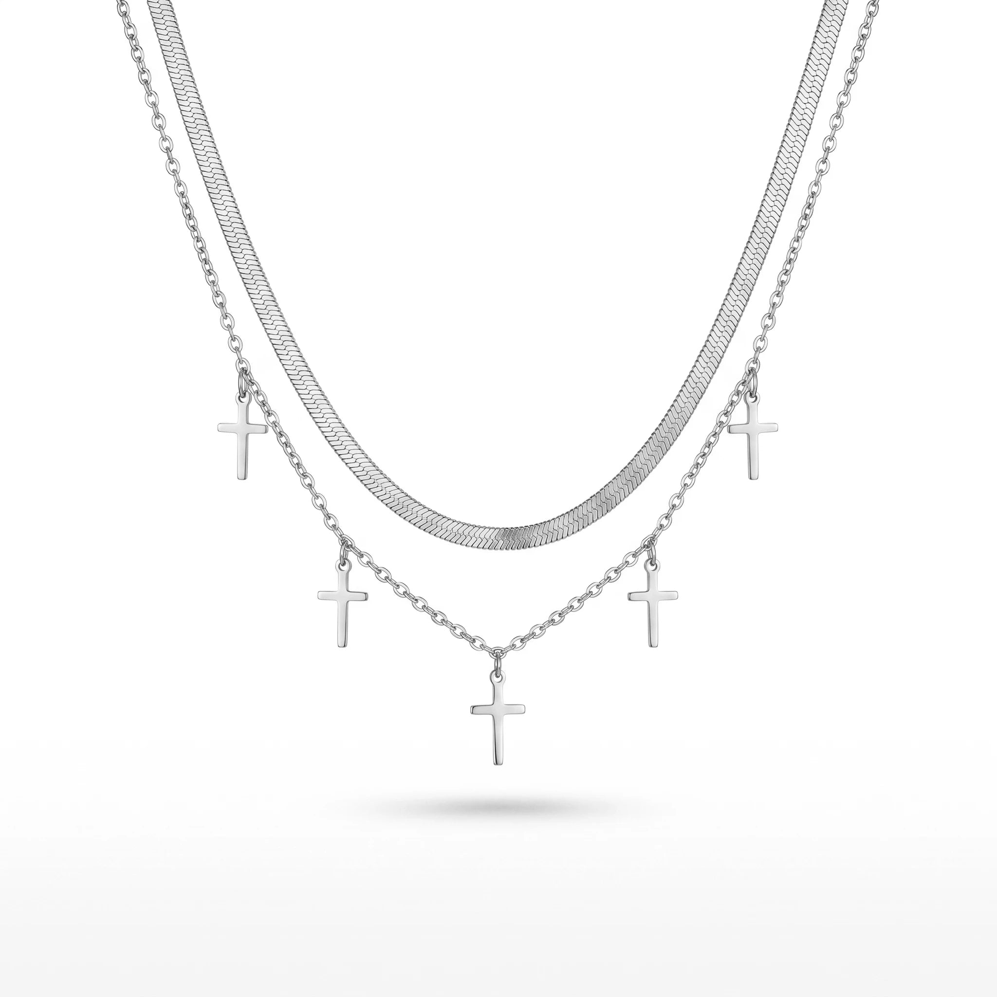 QIAOREN 11901 Women's 18K Gold Plated Stainless Steel Anti-Tarnish Double Layer Herringbone Chain Trendy Party Multiple Necklace