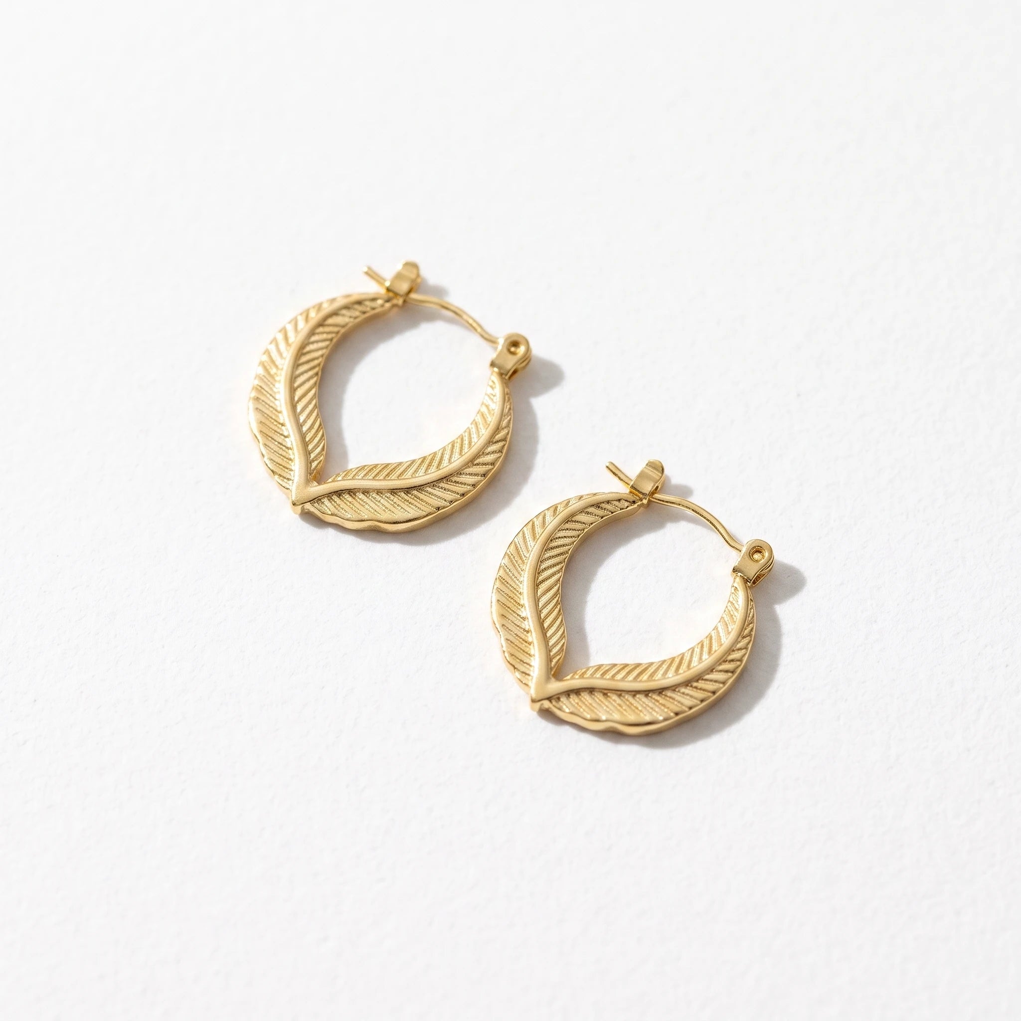 QIAOREN 13248 18K Gold PVD Plated Stainless Steel Double Leaf Hoop Earrings Textured Feather Shape Earring