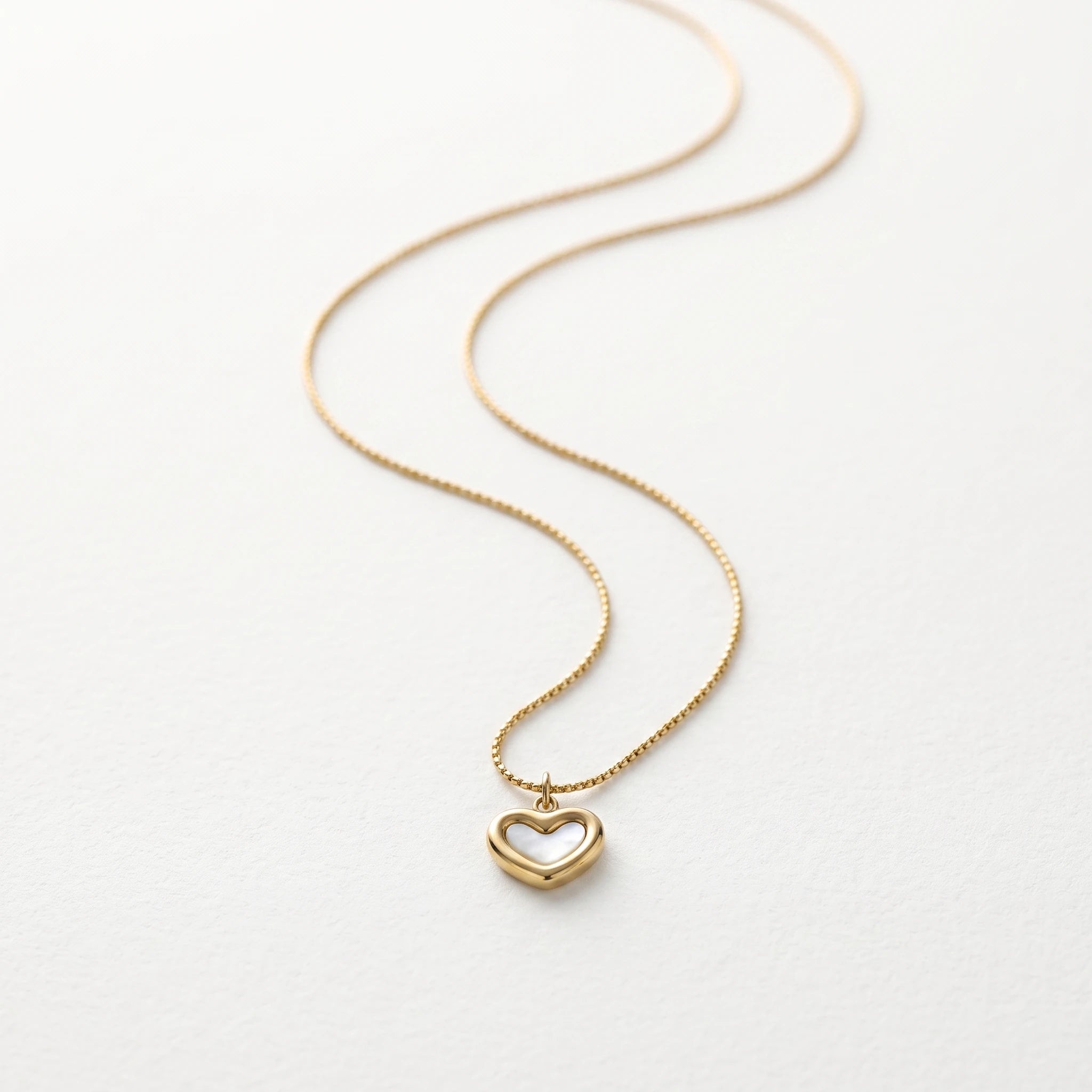 QIAOREN 13512 Dainty Double Layered Heart Pendant Necklace with White Shell Inlay, Smooth Gold Frame Thin Cable Chain Necklace