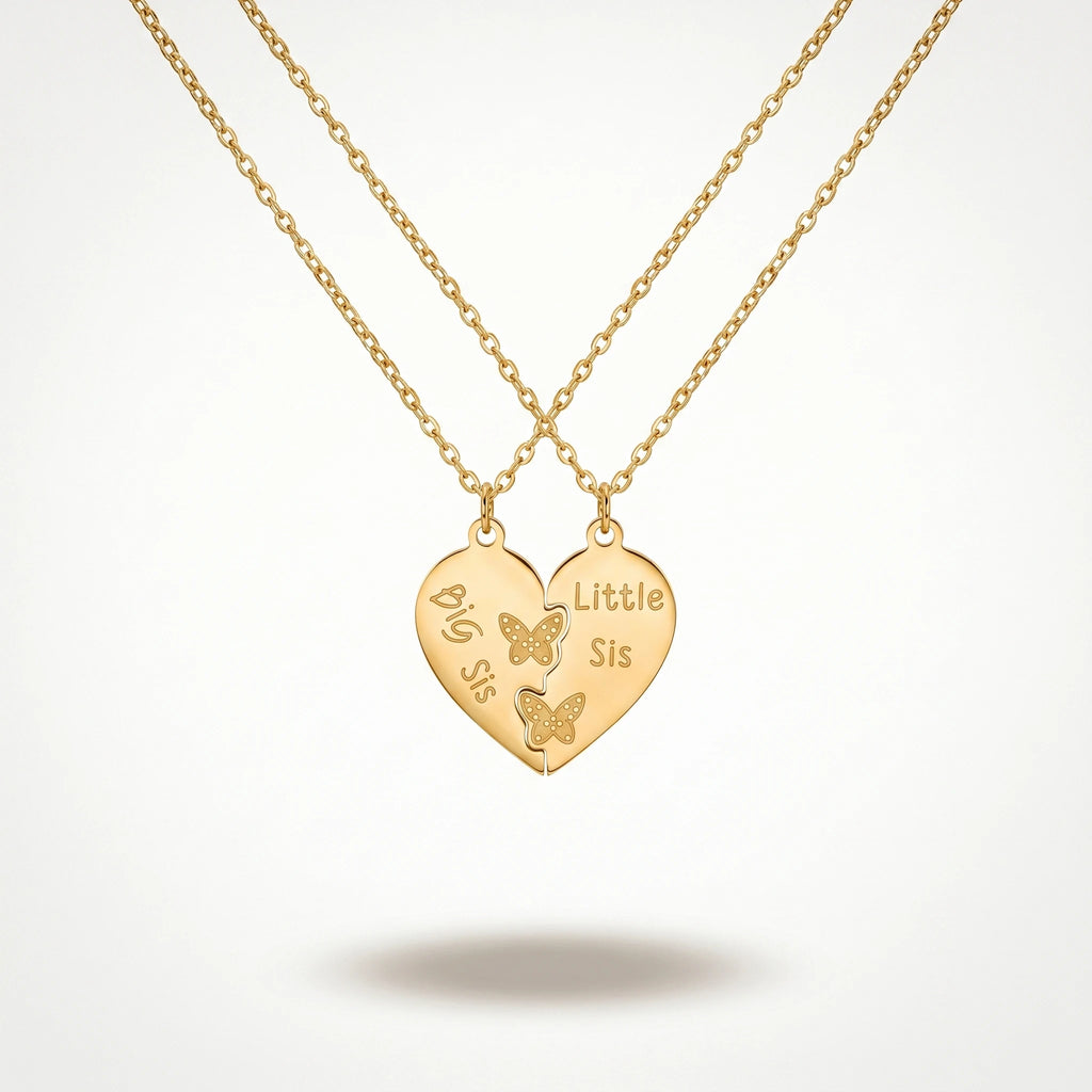 QIAOREN 1288618K Gold Big Sis Little Sis Split Heart Necklace for 2, Butterfly Stainless Steel Sister Jewelry, Tarnish Free Gift