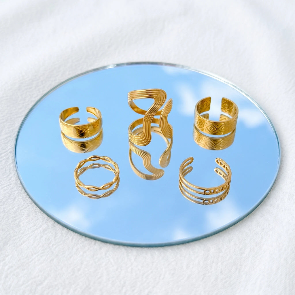QIAOREN 5Pcs Vintage 18K PVD Gold Stainless Steel Rings Set Tarnish Free Adjustable Stackable Textured Open Cuff Rings for Women