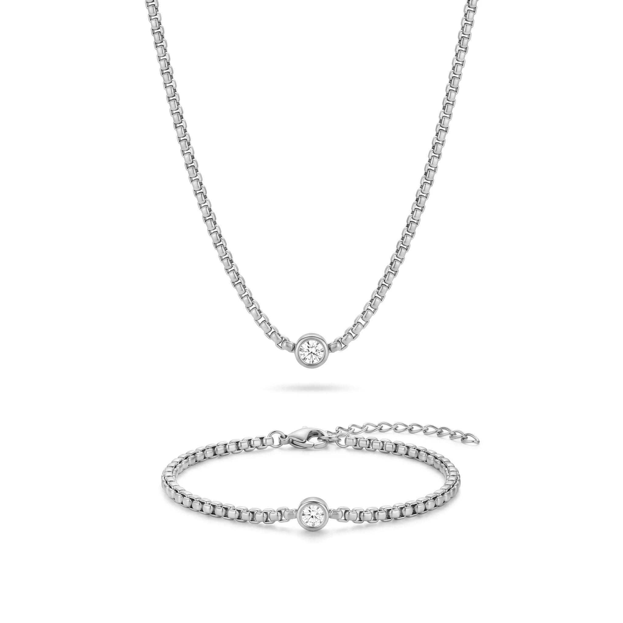 QIAOREN 10542 18K Gold Plated Stainless Steel Chain Jewelry Set - Waterproof CZ Bezel Solitaire Necklace & Bracelet for Women