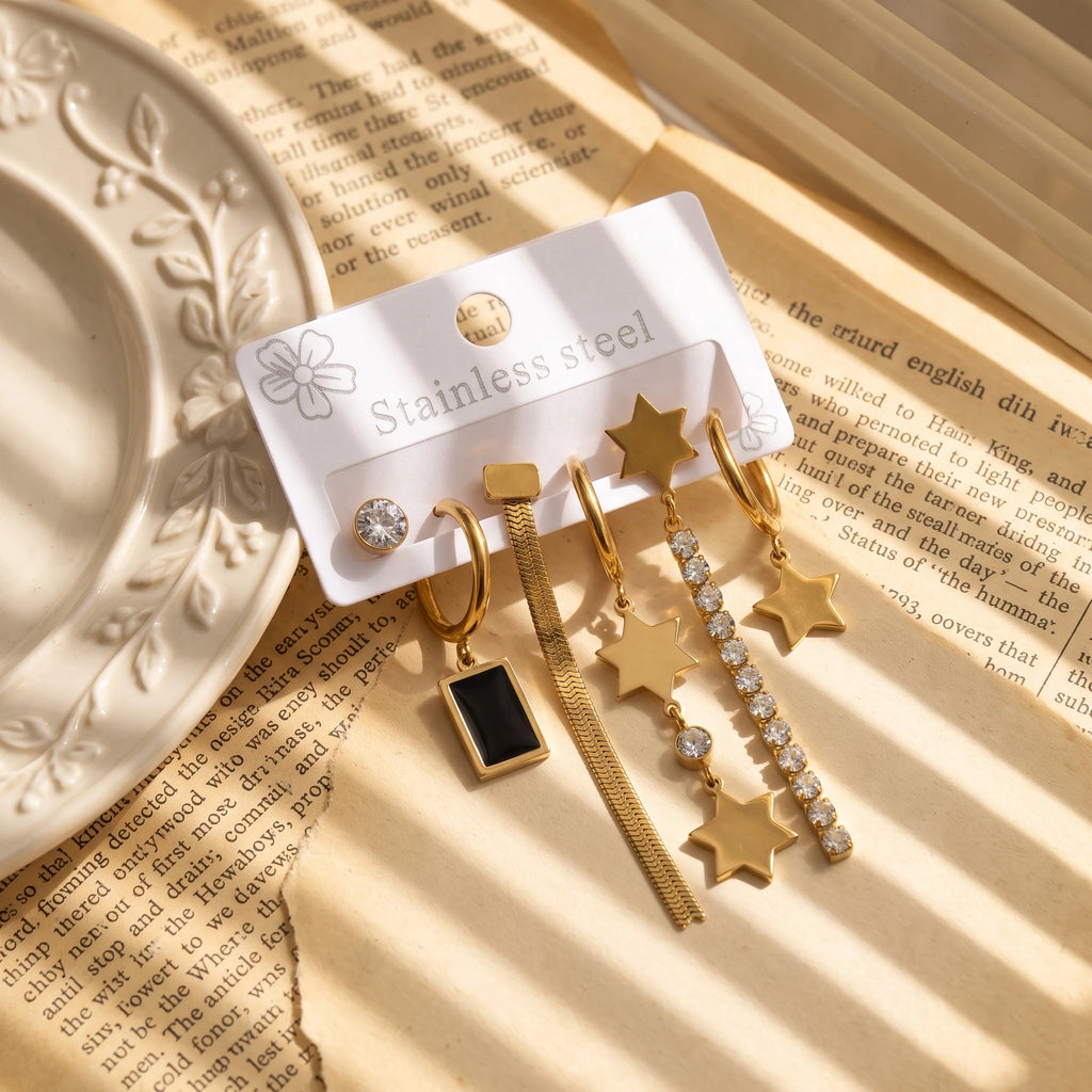 QIAOREN 14503 Stainless Steel Round CZ Studs Snake Chain Star Rectangle Charm Multi Pack Long Dangle Earrings Jewelry