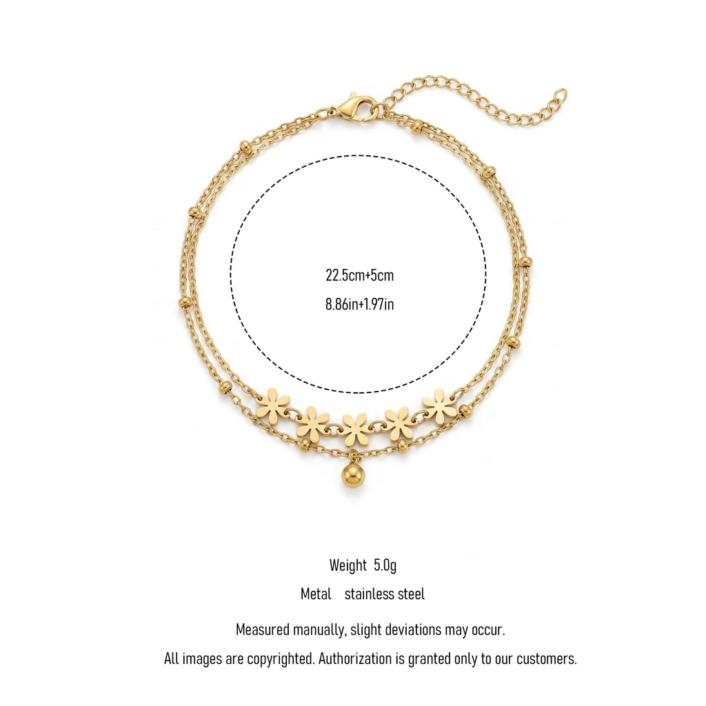 QIAOREN 11761 18K Gold Plated Stainless Steel Tarnish-Resistant Flower Double Layer Anklet