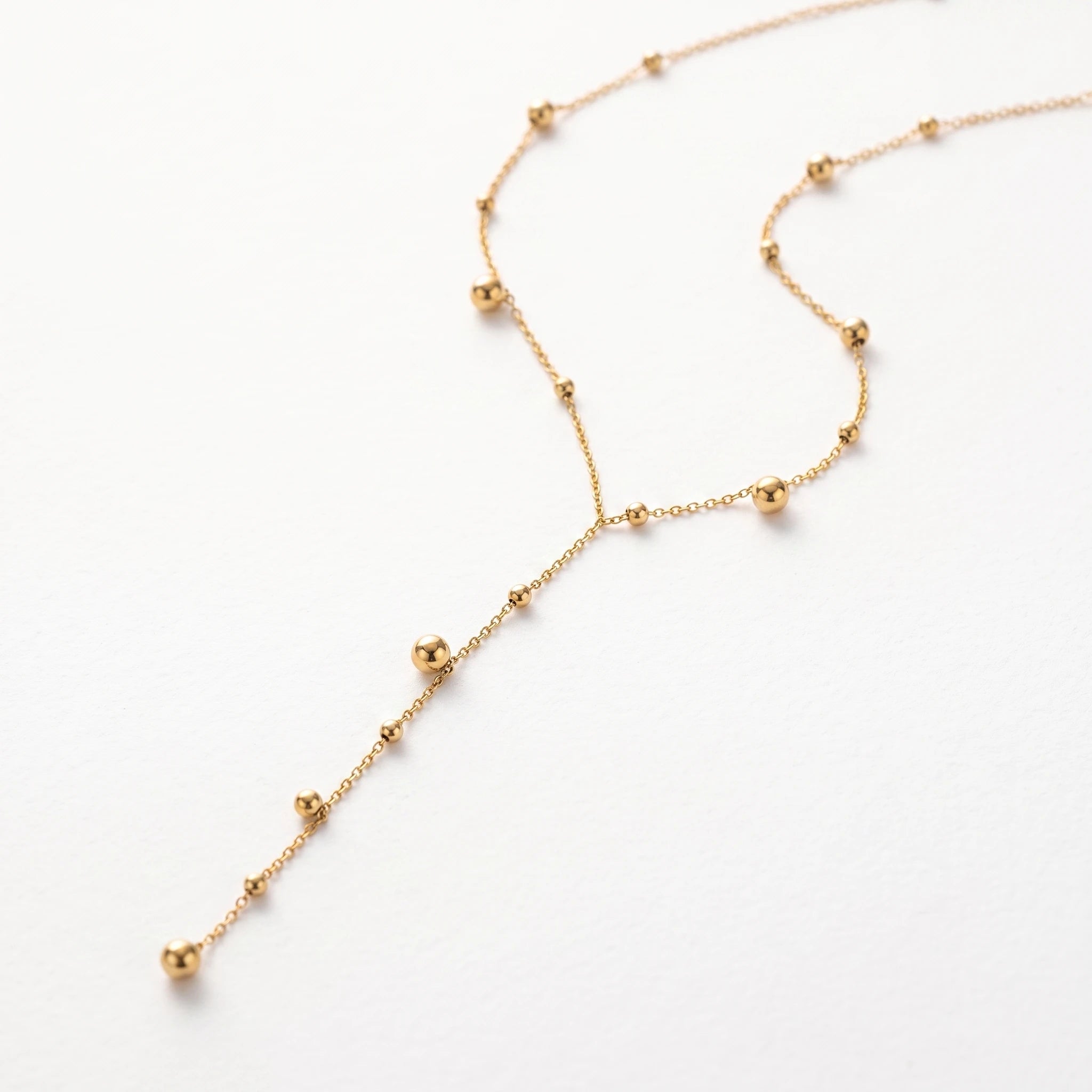 QIAOREN 13506 Minimalist Y Drop Beaded Ball Station Necklace, Multi Size Smooth Gold Spherical Charms Thin Cable Chain