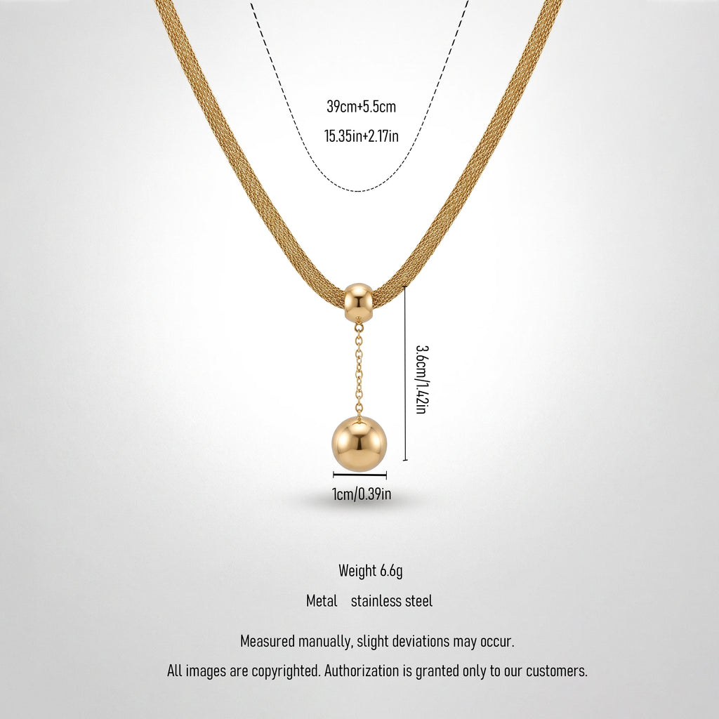 QIAOREN 13463 Dainty Mesh Chain Y Drop Necklace with Two Smooth Round Ball Pendants, Minimalist Gold Neck Jewelry Gift