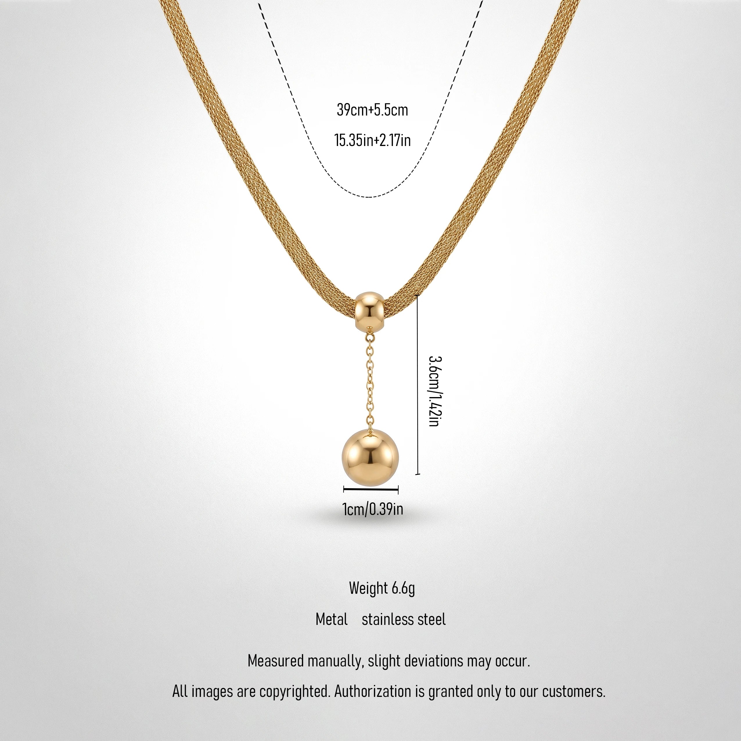QIAOREN 13463 Dainty Mesh Chain Y Drop Necklace with Two Smooth Round Ball Pendants, Minimalist Gold Neck Jewelry Gift