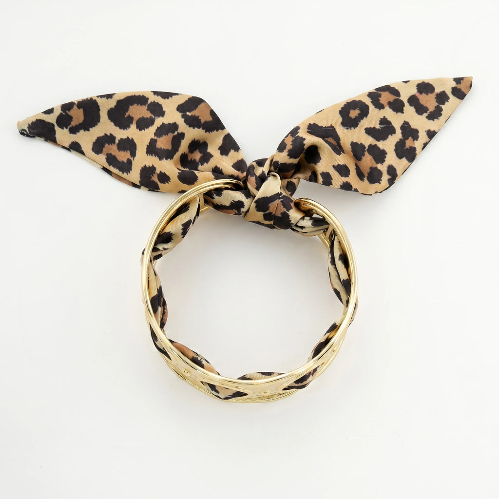 QIAOREN 11003 Leopard Print Scarf Bracelet Gold Stainless Steel Wide Adjustable Boho Beach Jewelry for Women
