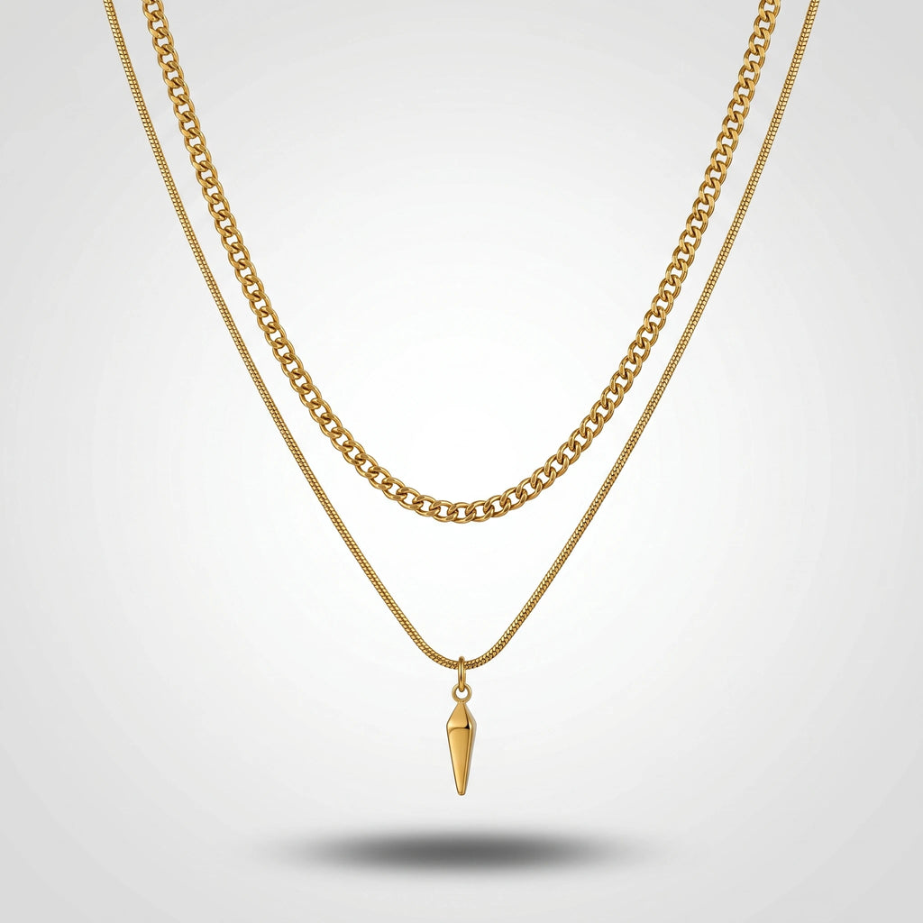 QIAOREN 10794 Layered Chain Spike Pendant Necklace 18K Gold Plated Stainless Steel Waterproof Non-Tarnish Unisex Gift Jewelry