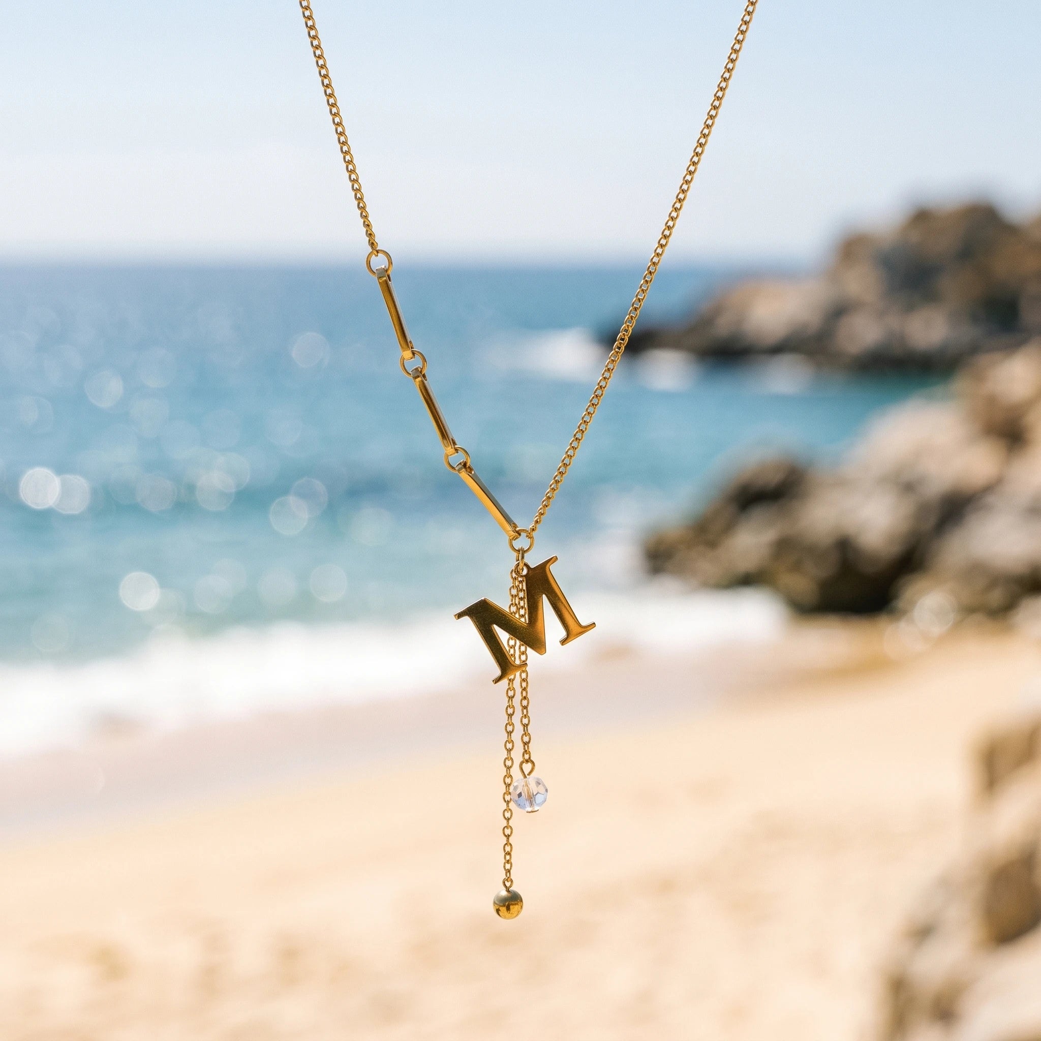 QIAOREN 13991 Mixed Link Y Drop Lariat Necklace with Matte Letter M Charm, Round Bezel Set CZ and Smooth Ball Ends