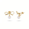 QIAOREN 13819 Textured Matte Bow Knot Stud Earrings with Dangling Single Round White Pearl Drop Pendant, Polished Gold Dainty