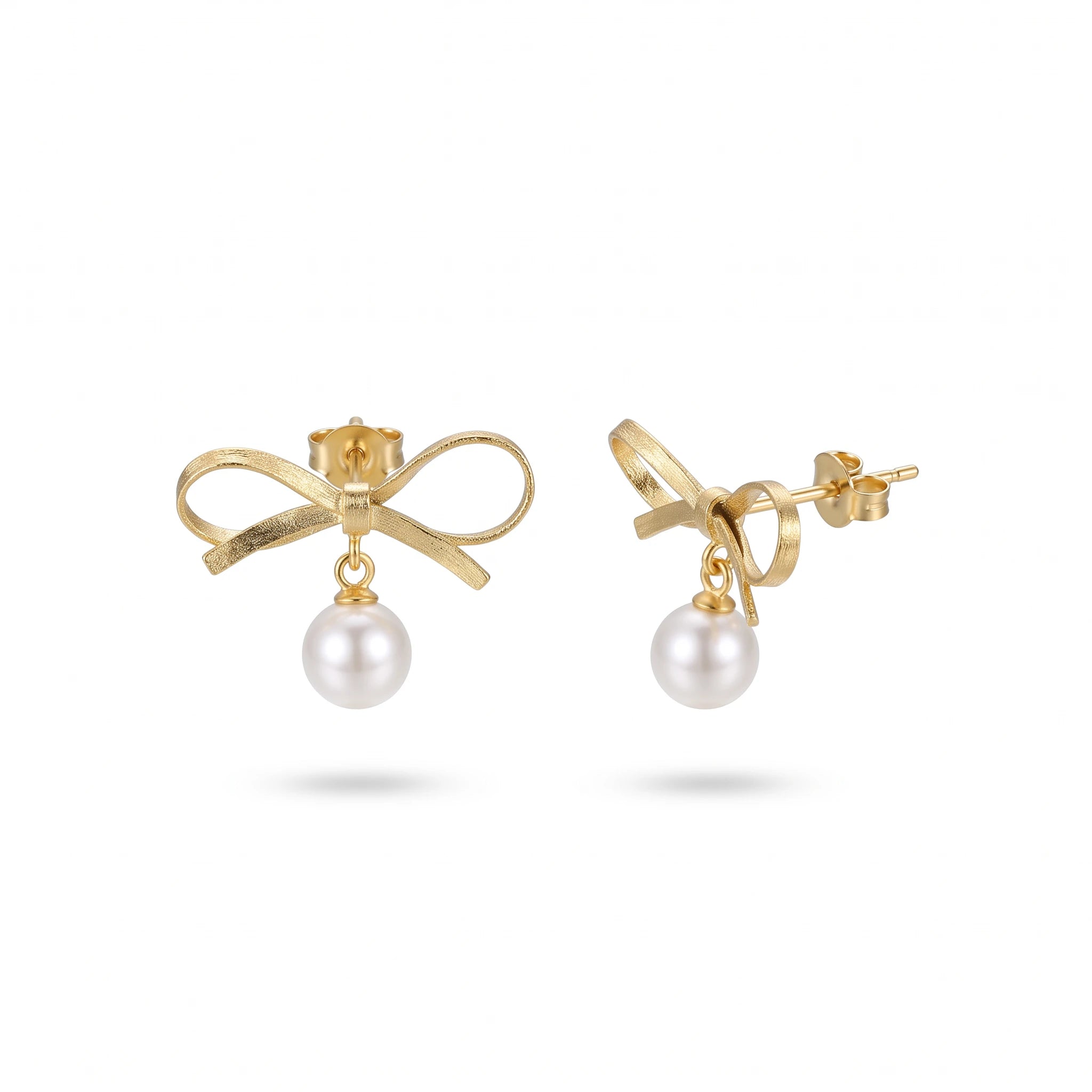 QIAOREN 13819 Textured Matte Bow Knot Stud Earrings with Dangling Single Round White Pearl Drop Pendant, Polished Gold Dainty