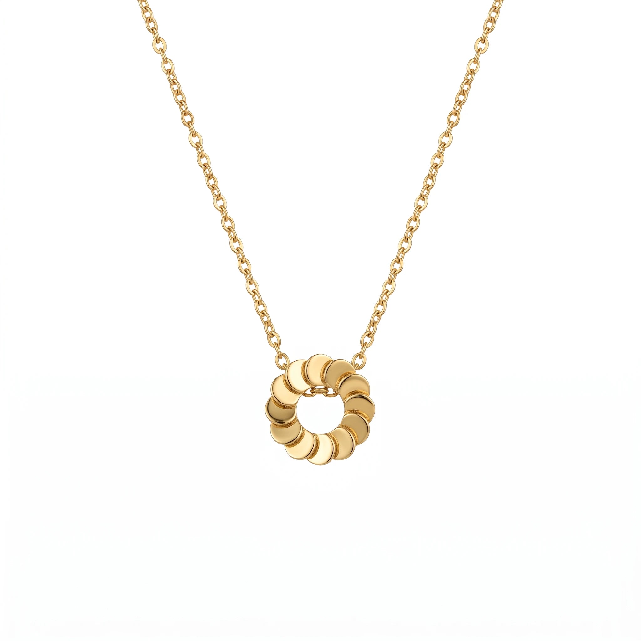QIAOREN 13805 Thin Oval Link Chain Pendant Necklace with Stacked Disc Wreath Hollow Circle Charm