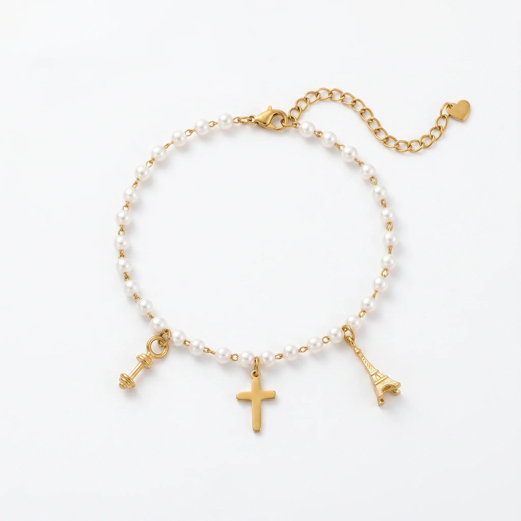 QIAOREN 13318 Dainty Pearl Anklet with Cross, Eiffel Tower & Key Charms, Paris Retro Foot Jewelry Gift for Daily Soft Wears