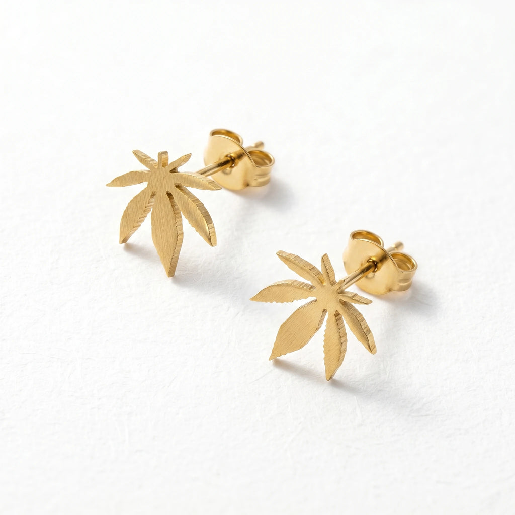 QIAOREN 10967 18K Gold Plated  Leaf Stud Earrings, Stainless Steel Boho Statement Jewelry