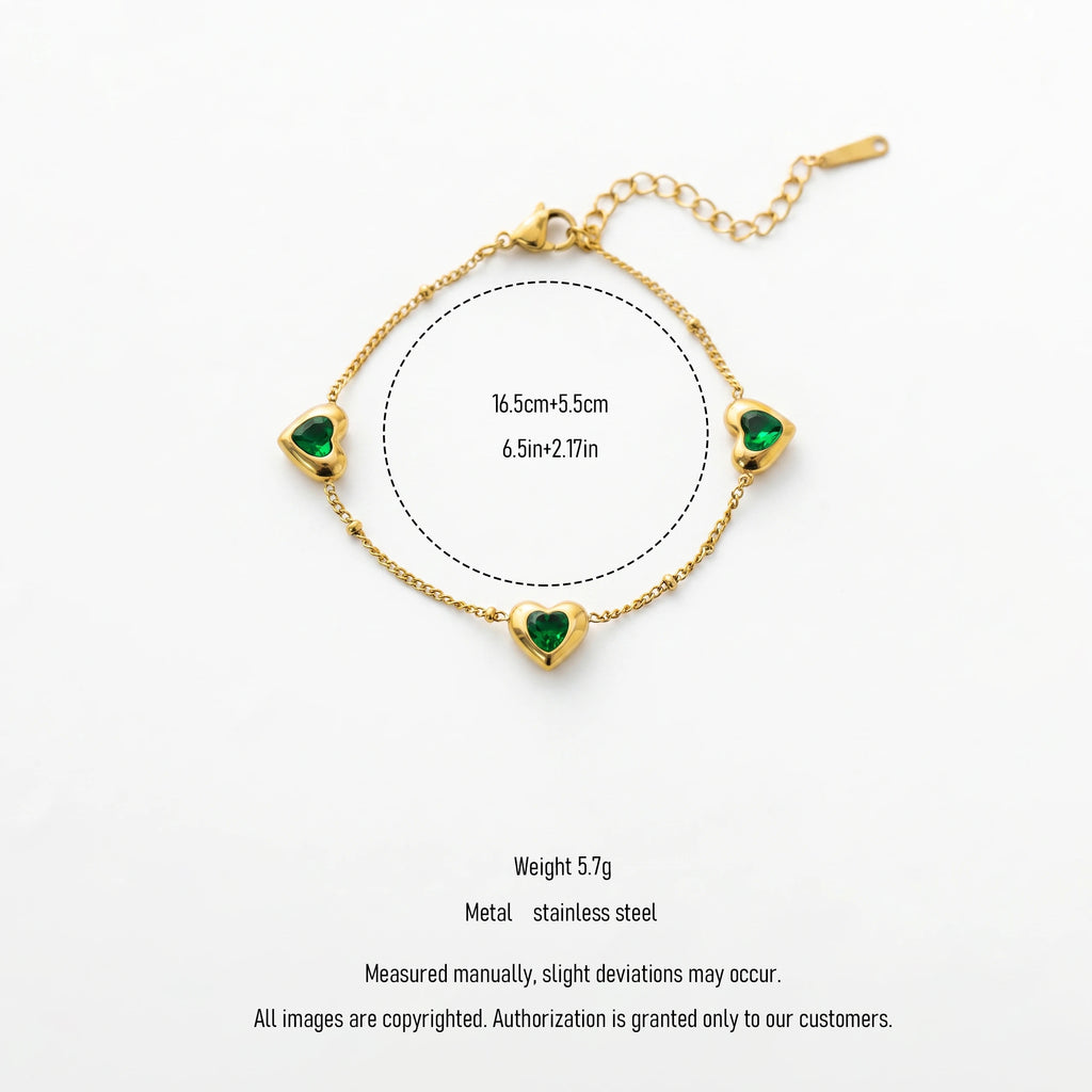 QIAOREN 13287 Gold Plated Stainless Steel Green Heart CZ Bracelet Dainty Chain Bracelet Minimalist Jewelry for Women
