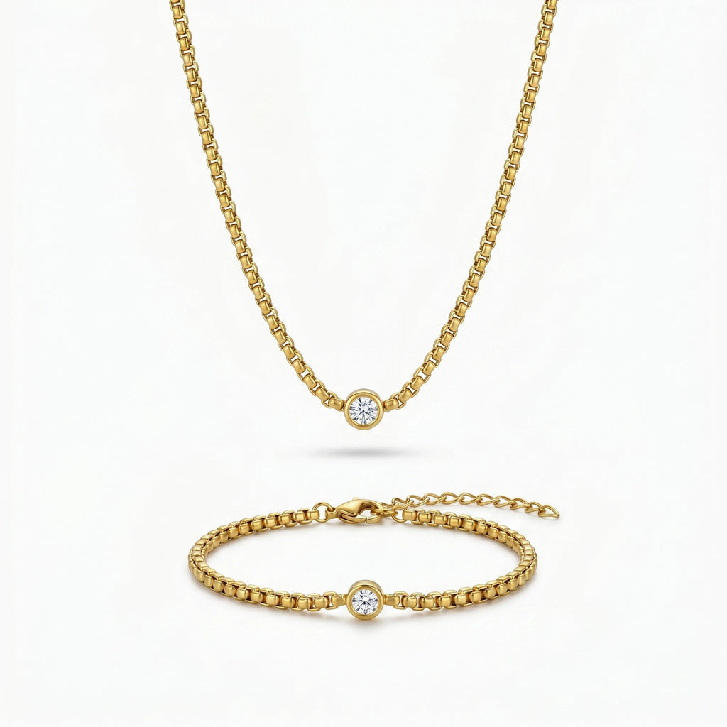 QIAOREN 10542 18K Gold Plated Stainless Steel Chain Jewelry Set - Waterproof CZ Bezel Solitaire Necklace & Bracelet for Women
