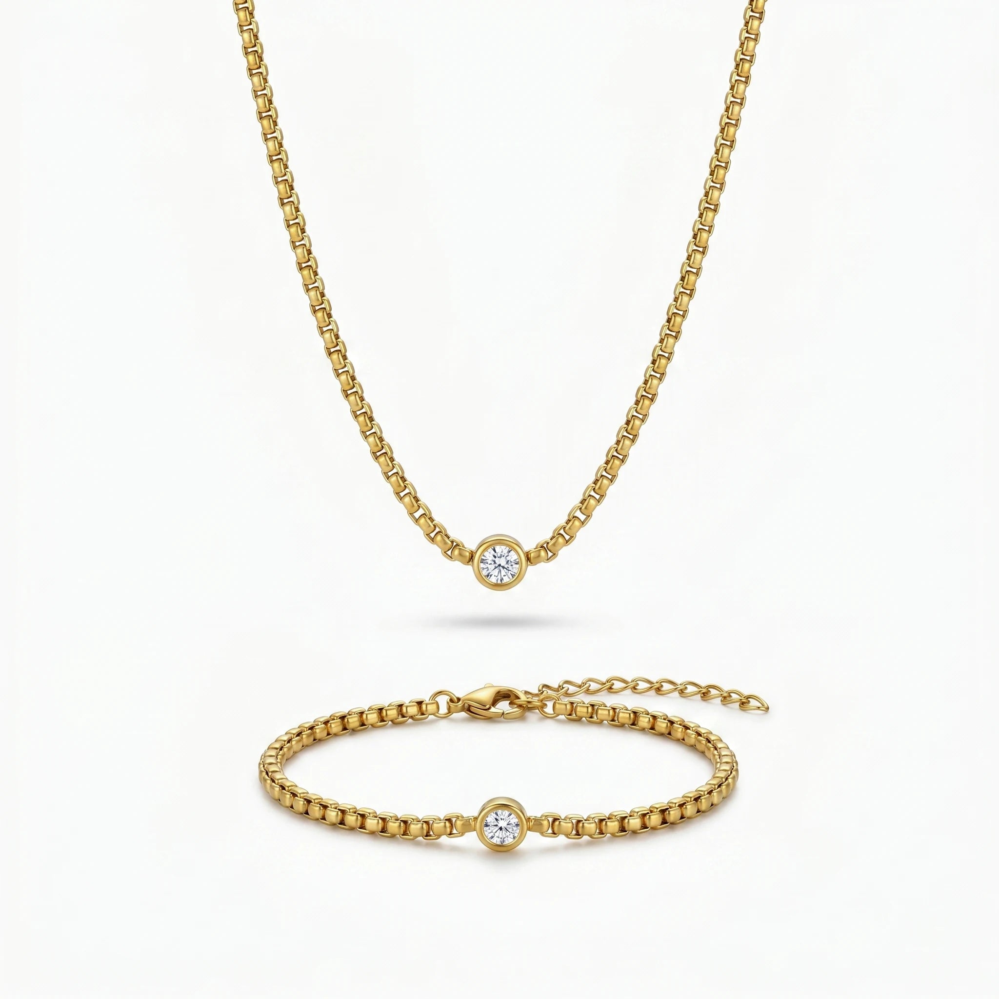 QIAOREN 10542 18K Gold Plated Stainless Steel Chain Jewelry Set - Waterproof CZ Bezel Solitaire Necklace & Bracelet for Women