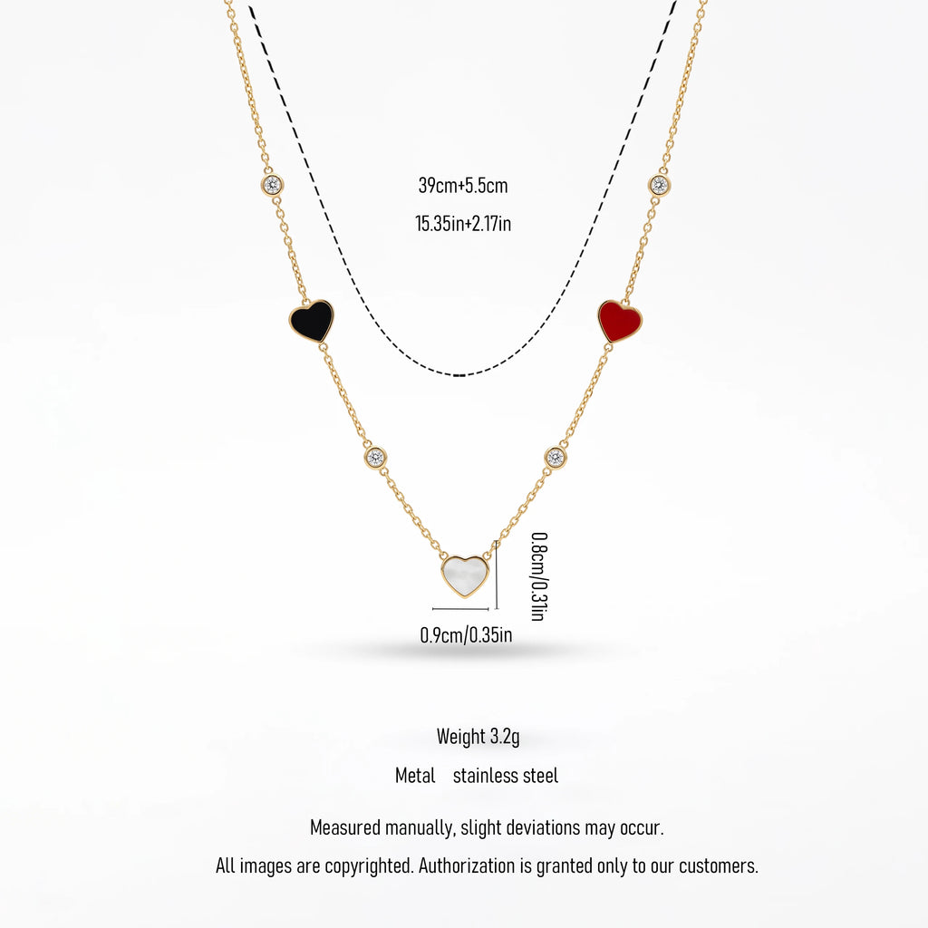 QIAOREN 13498 Three Color Enamel Heart Station Necklace with Tiny Round Crystal Charms, Dainty Thin Cable Chain Necklace