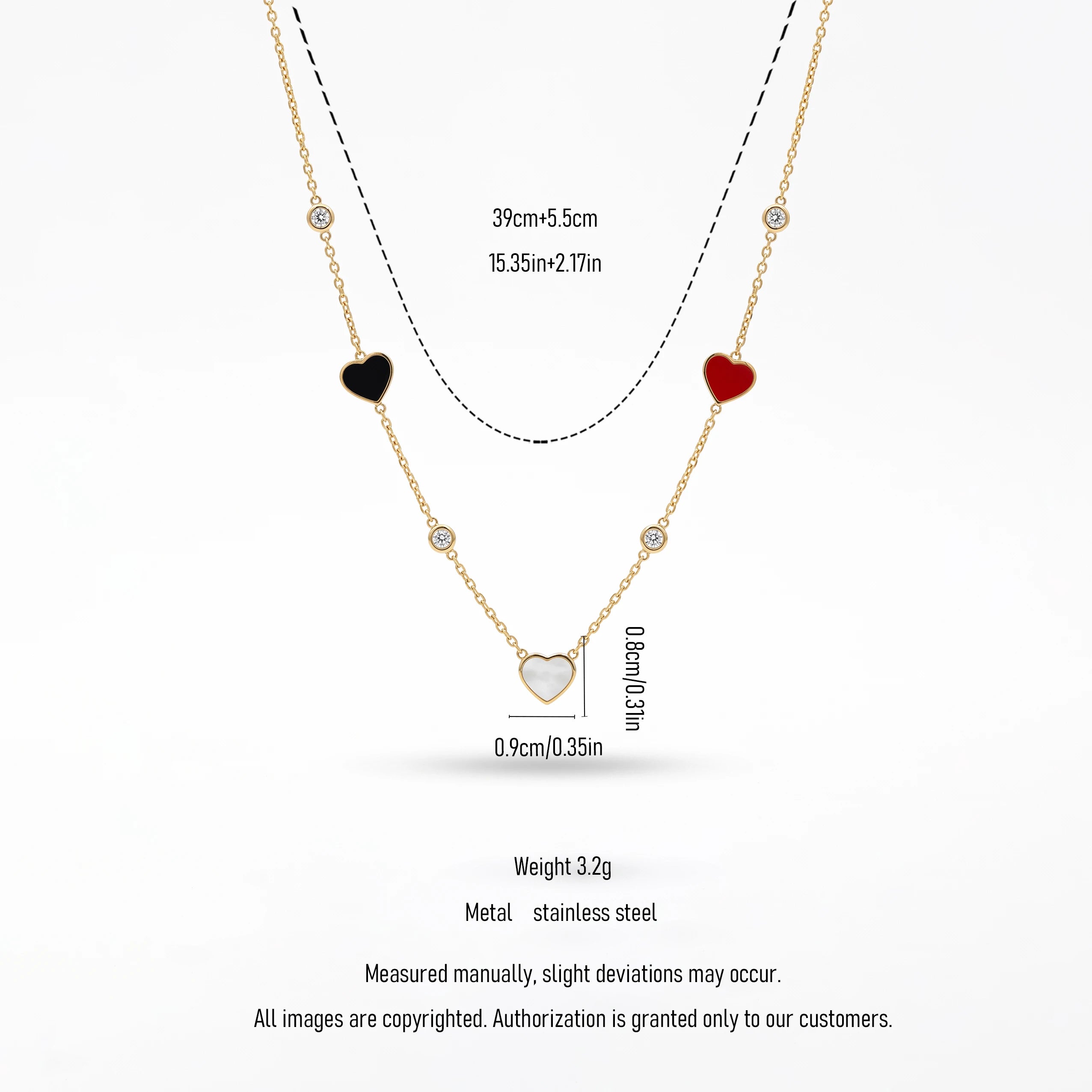 QIAOREN 13498 Three Color Enamel Heart Station Necklace with Tiny Round Crystal Charms, Dainty Thin Cable Chain Necklace