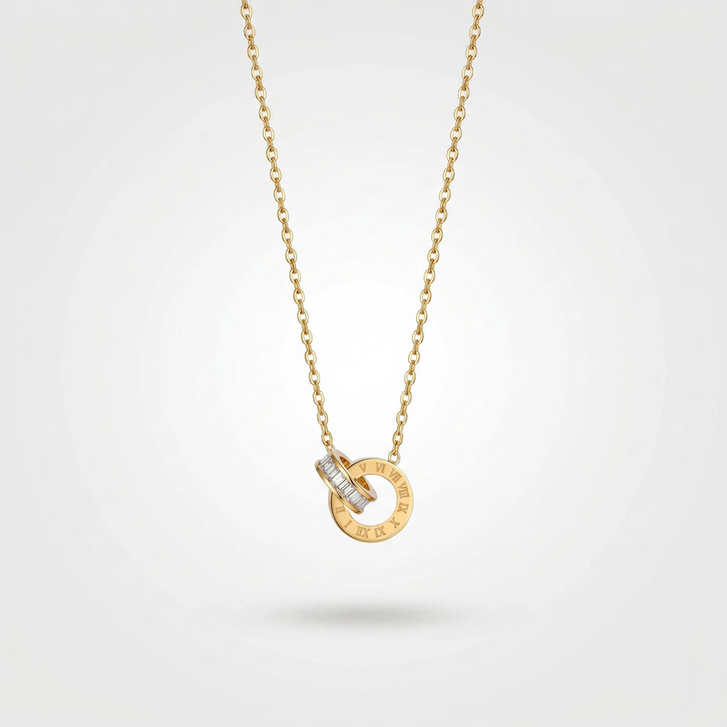 QIAOREN 13175 Stainless Steel Roman Numeral Interlocking Ring Pendant Necklace Gold Plated Minimalist Circle Jewelry for Women