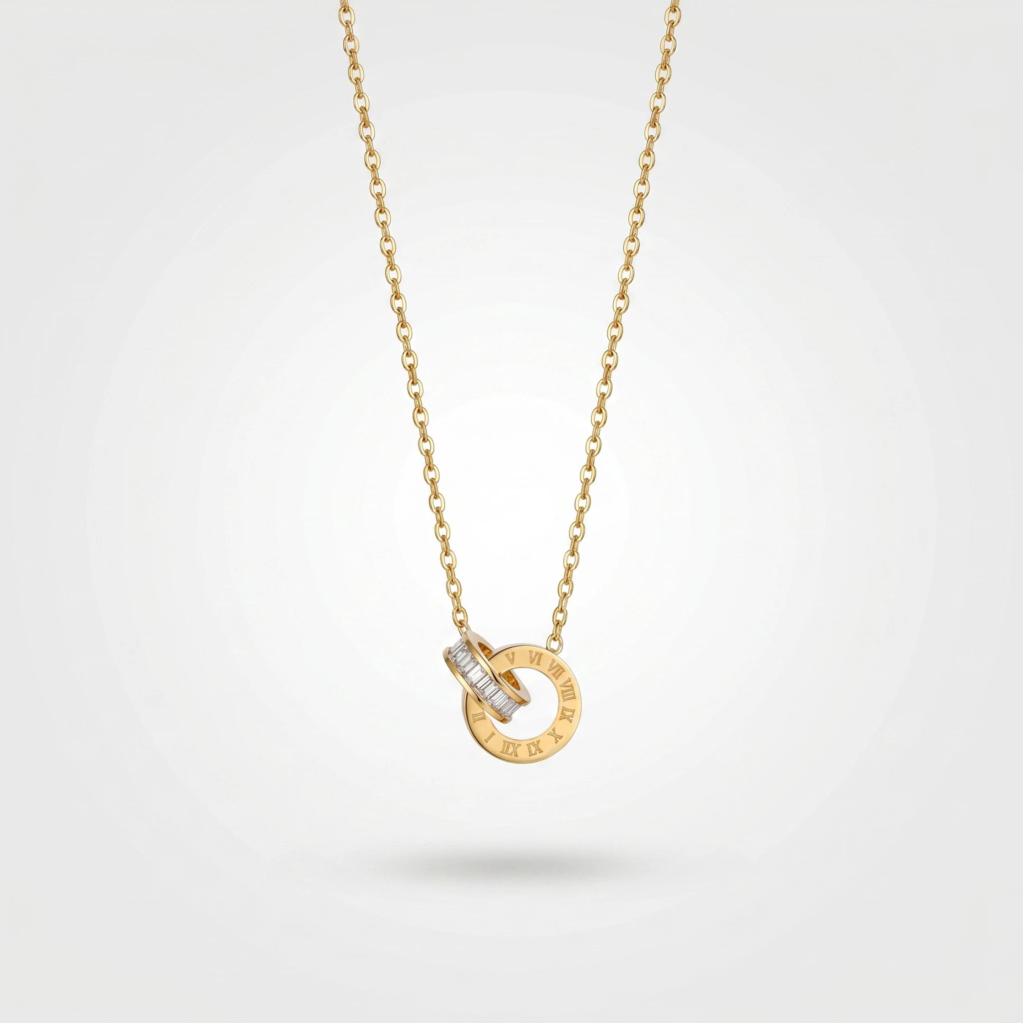 QIAOREN 13175 Stainless Steel Roman Numeral Interlocking Ring Pendant Necklace Gold Plated Minimalist Circle Jewelry for Women
