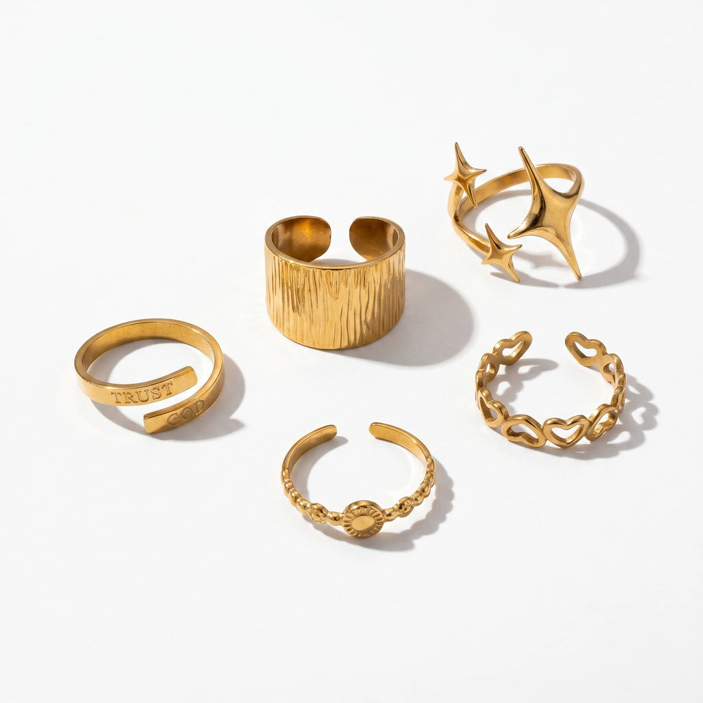 QIAOREN 5Pcs 18K Gold Plated Stainless Steel Rings Set Tarnish Free Adjustable Stackable Open Cuff Rings for Women