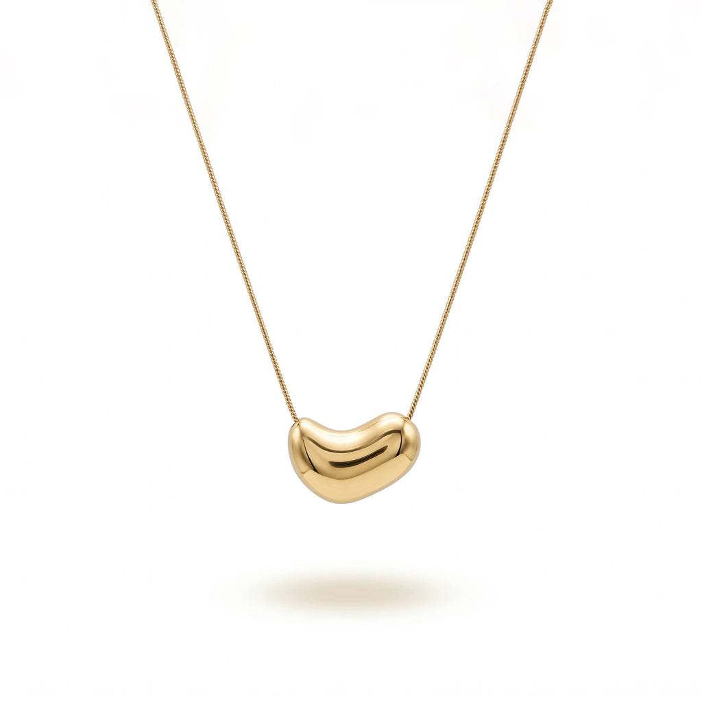 QIAOREN 13713 Smooth Polished Solid Bean Pendant Necklace, Thin Snake Chain Minimalist Gloss Gold Collar Jewelry Gift