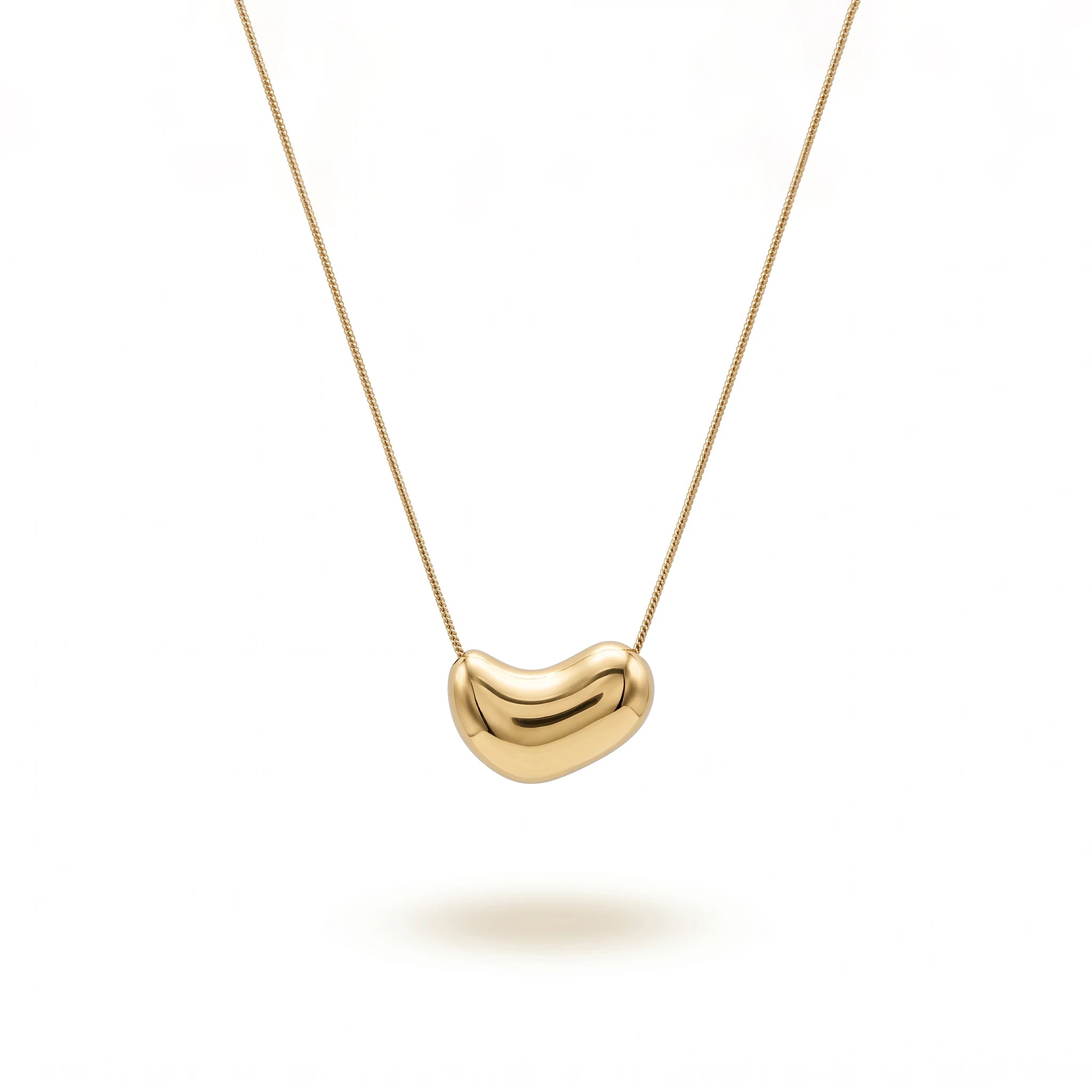 QIAOREN 13713 Smooth Polished Solid Bean Pendant Necklace, Thin Snake Chain Minimalist Gloss Gold Collar Jewelry Gift