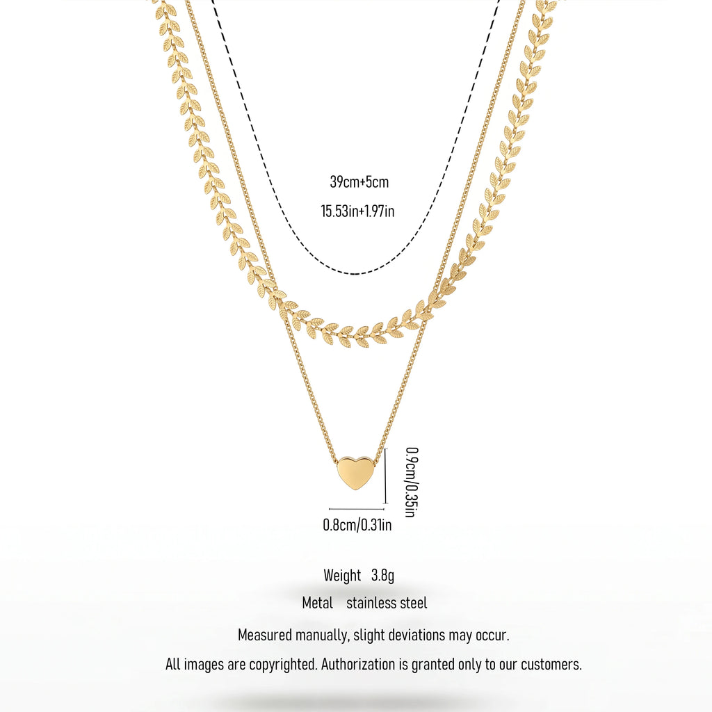 QIAOREN 11318 Boho Leaf & Heart Layered Necklace 18K Gold Plated Stainless Steel Beach Vacation Jewelry