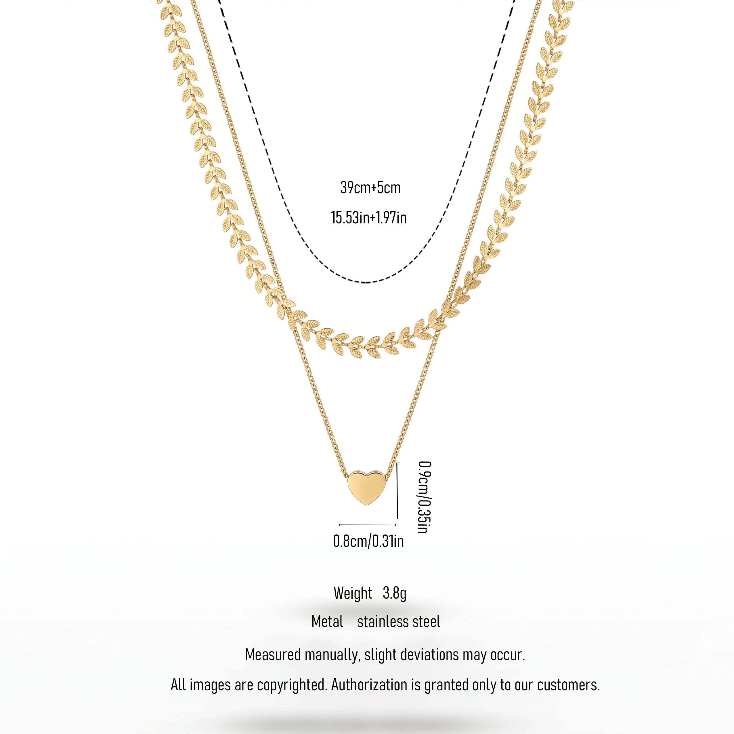 QIAOREN 11318 Boho Leaf & Heart Layered Necklace 18K Gold Plated Stainless Steel Beach Vacation Jewelry