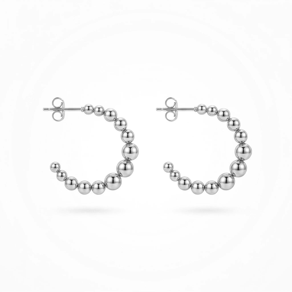 QIAOREN 12416 Elegant Quiet Luxury Spherical Hoop Earrings Gold Stainless Steel Sleek Graduated Beads C-Shaped Statement Studs