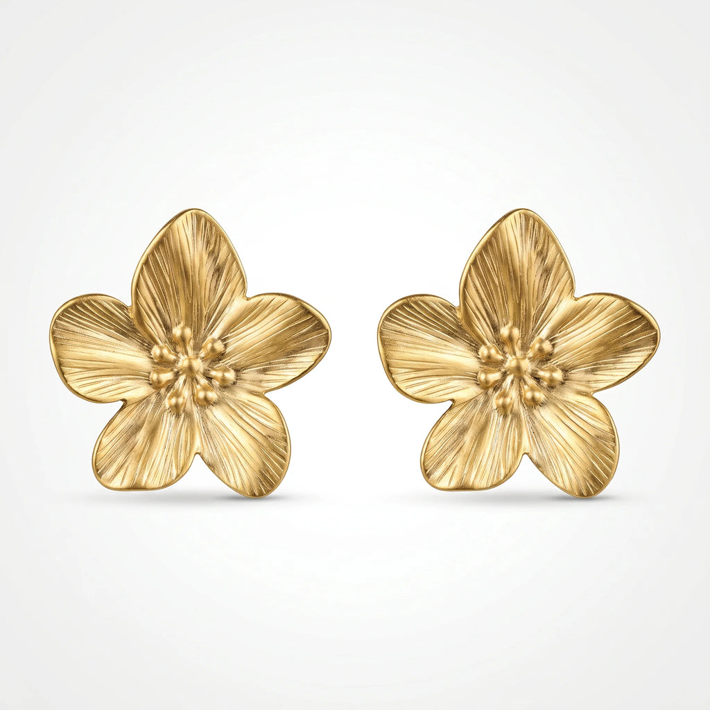 QIAOREN 10913 3.2cm Large Embossed Flower Stud Earrings 18K Gold Plated Stainless Steel Hypoallergenic No Fade for Women