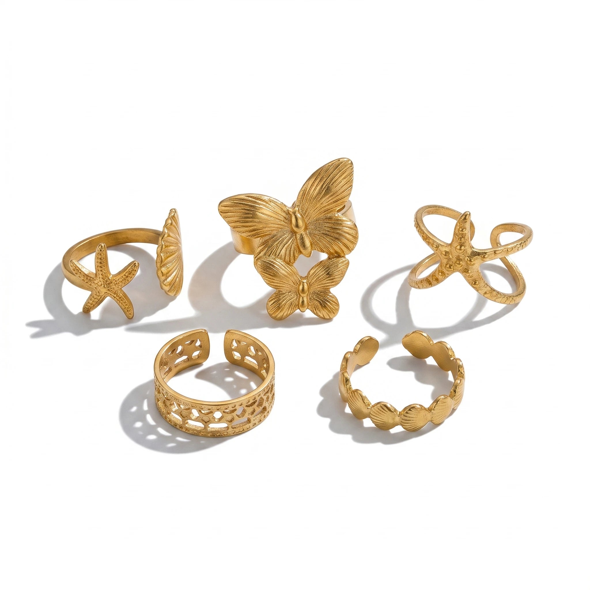 QIAOREN 13116-20 5Pcs 18K Gold Plated Stainless Steel Open Ring Set, Adjustable Stackable Durable Finger Rings