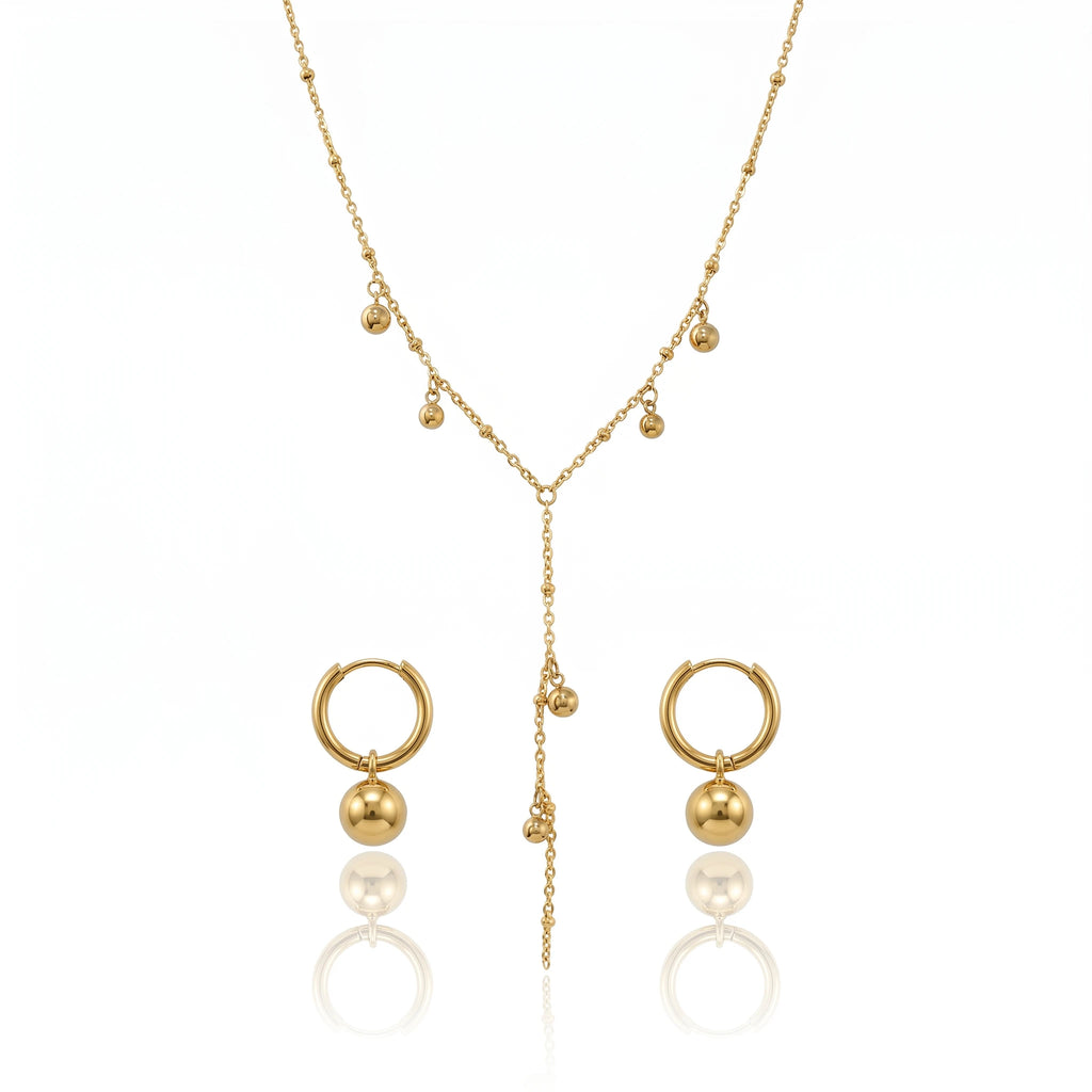 QIAOREN 11692 Tarnish Free 18K Gold Stainless Steel Ball Charm Jewelry Set Y Lariat Necklace & Hoop Earrings