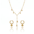 QIAOREN 11692 Tarnish Free 18K Gold Stainless Steel Ball Charm Jewelry Set Y Lariat Necklace & Hoop Earrings