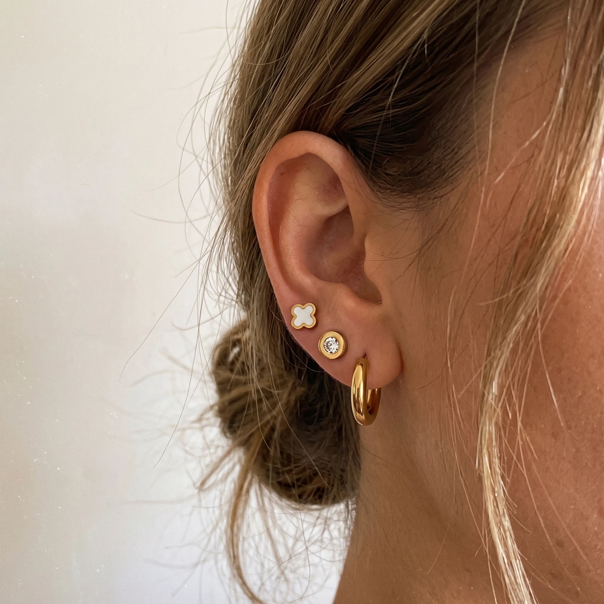 QIAOREN 14452 3 Pair Gold Stainless Steel Stud & Hoop Earrings, CZ, Quartz Clover, Gold Hoops for Daily Fashion