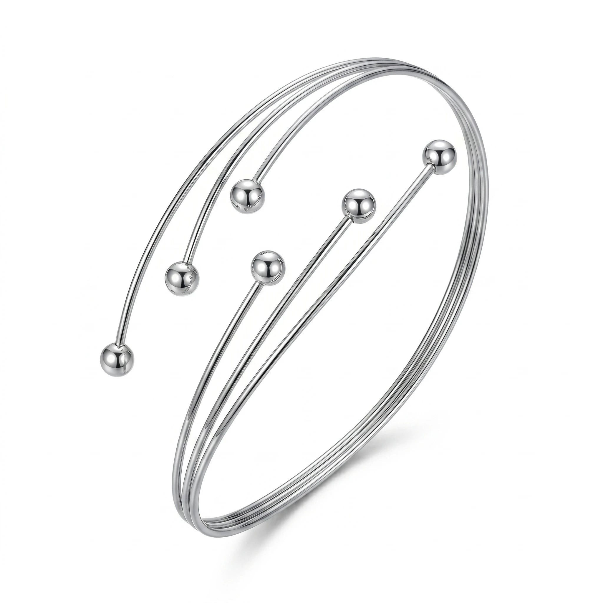 QIAOREN 12825 Adjustable Multi Layer Silver Ball Armlet Upper Arm Bracelet Stainless Steel Minimalist Boho Bangle Jewelry