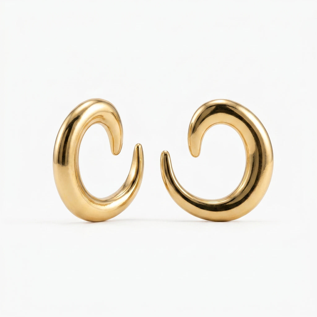 QIAOREN 10845 Tarnish Resistant 18K Gold Plated Chunky C-Shaped Earrings, Minimalist Stainless Steel Open Hoops